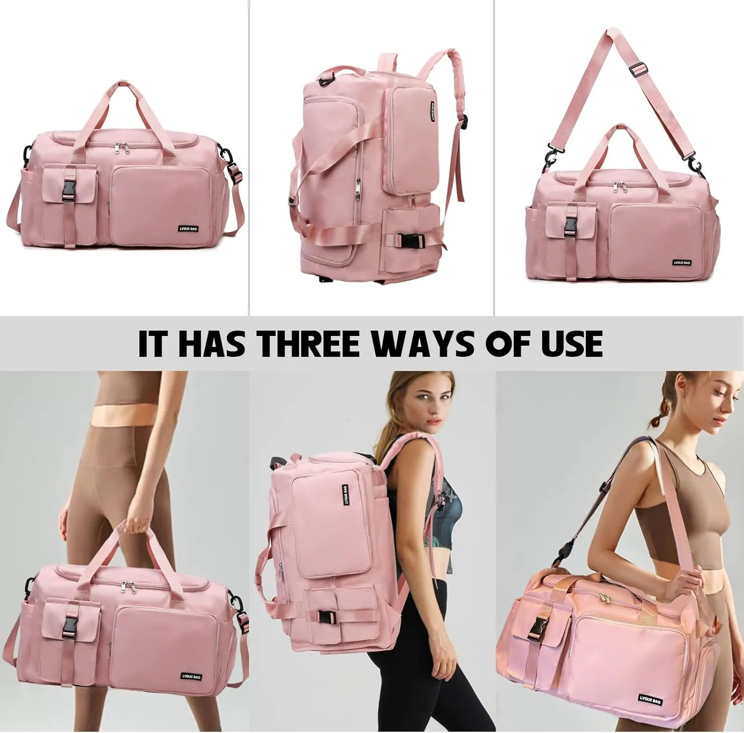 Eslcorri Gym Duffle Bag for Women Men, Sports Backpack with Wet & Shoe Compartment, Fitness Overnight Weekender Bag for Yoga, Swim, Travel (Style B, GrayPink)