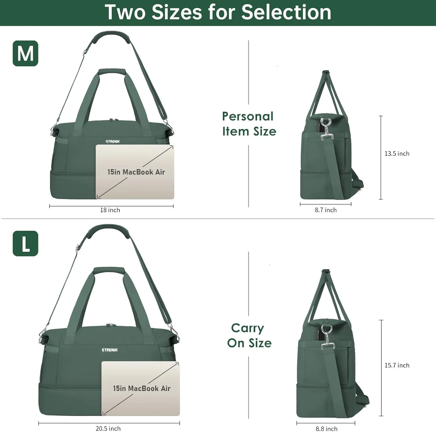 ETRONIK Gym Bag for Women, 47L Carry On Travel Duffel Bag with Shoes Compartment, Weekender Overnight Bag with Wet Pocket & USB Charging Port for Women, Travel, Gym, Weekend, Large Size (Dark Green)