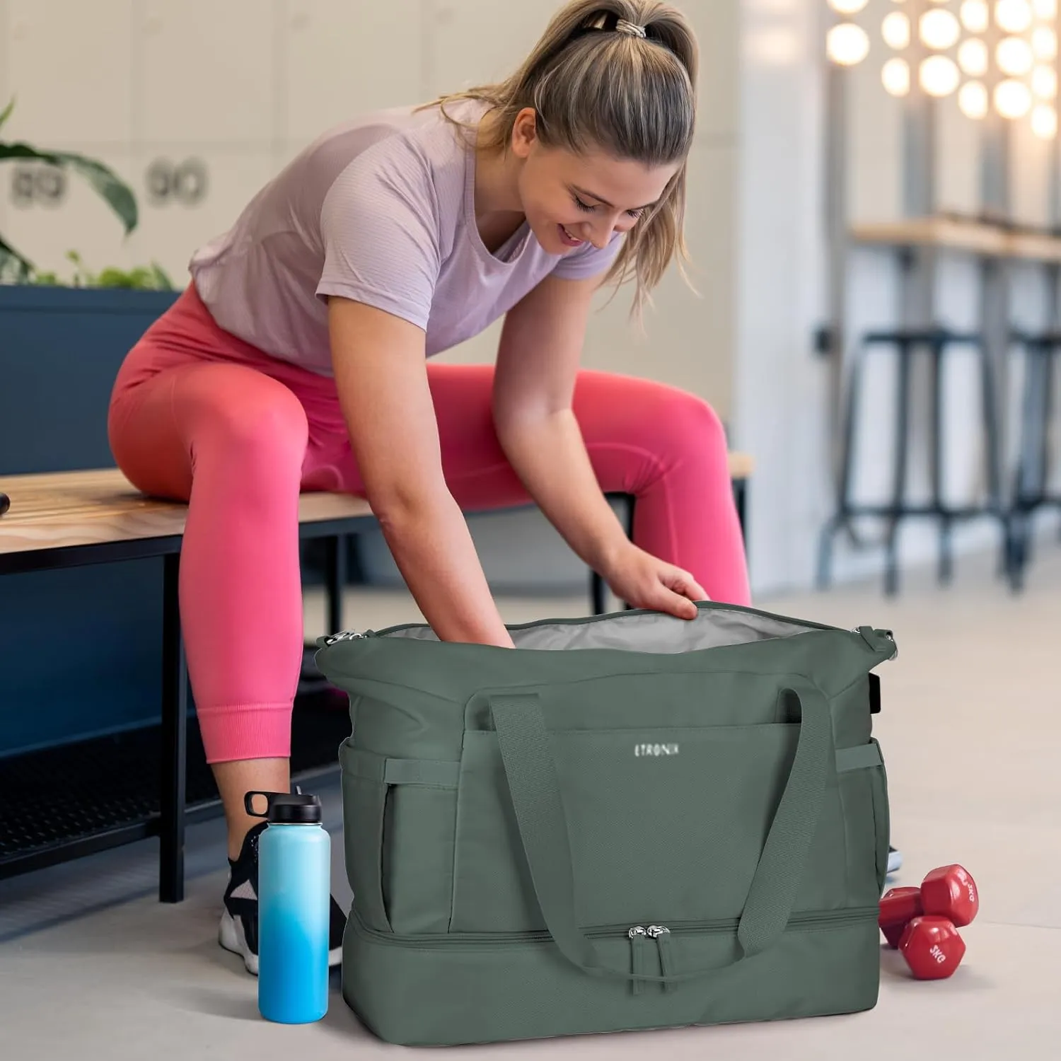 ETRONIK Gym Bag for Women, 47L Carry On Travel Duffel Bag with Shoes Compartment, Weekender Overnight Bag with Wet Pocket & USB Charging Port for Women, Travel, Gym, Weekend, Large Size (Dark Green)