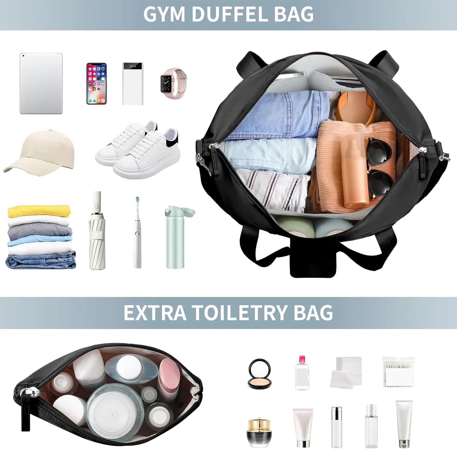 ETRONIK Gym Bag for Women, Personal Item Travel Bag with Shoes Compartment, Weekender Overnight Duffel Bag with Wet Pocket & USB Charging Port, Carry On Bag for Women, Travel, Gym, Weekend (Black)