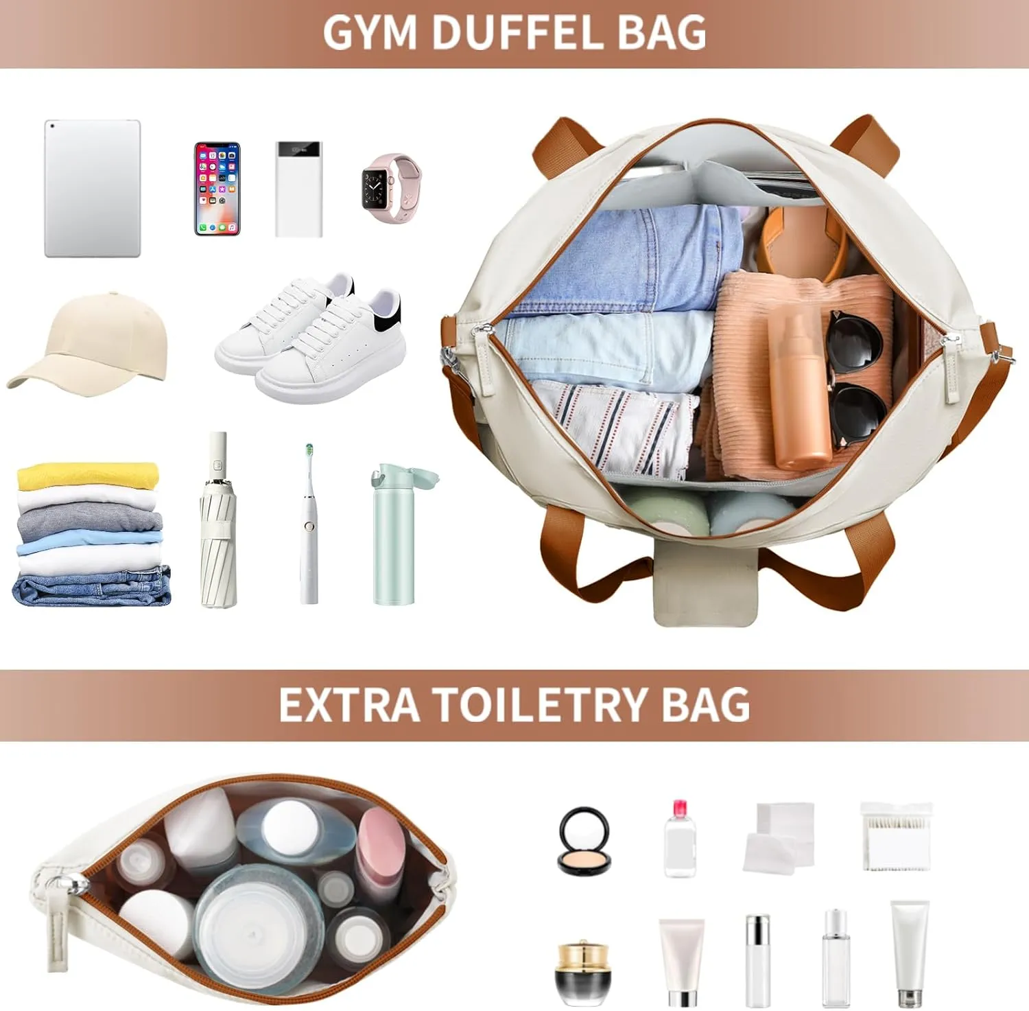 ETRONIK Gym Bag for Women, Personal Item Travel Duffel Bag with Shoes Compartment, Weekender Overnight Bag with Wet Pocket & USB Charging Port, Carry On Bag for Women, Travel (Black White Brown)