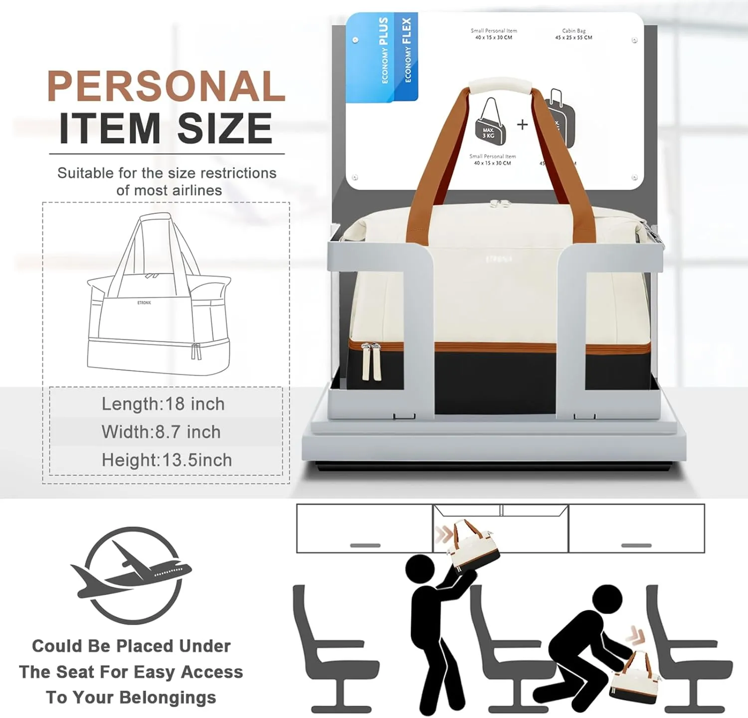 ETRONIK Gym Bag for Women, Personal Item Travel Duffel Bag with Shoes Compartment, Weekender Overnight Bag with Wet Pocket & USB Charging Port, Carry On Bag for Women, Travel (Black White Brown)
