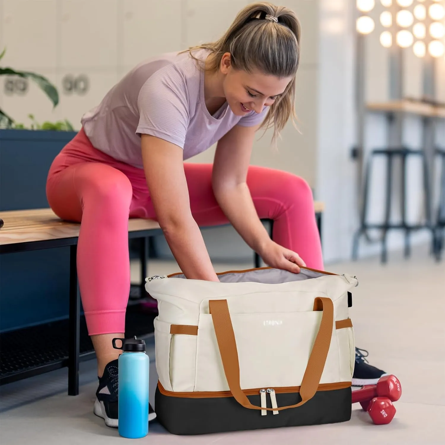 ETRONIK Gym Bag for Women, Personal Item Travel Duffel Bag with Shoes Compartment, Weekender Overnight Bag with Wet Pocket & USB Charging Port, Carry On Bag for Women, Travel (Black White Brown)