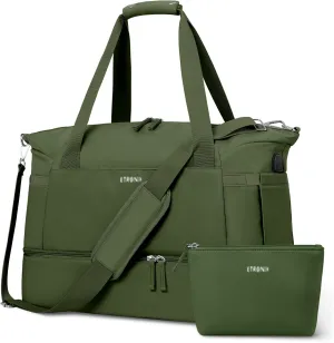 ETRONIK Gym Bag for Women, Travel Duffel Bag with USB Charging Port, Weekender Overnight Bag with Wet Pocket and Shoes Compartment for Women, Travel, Gym, Yoga (Army Green)