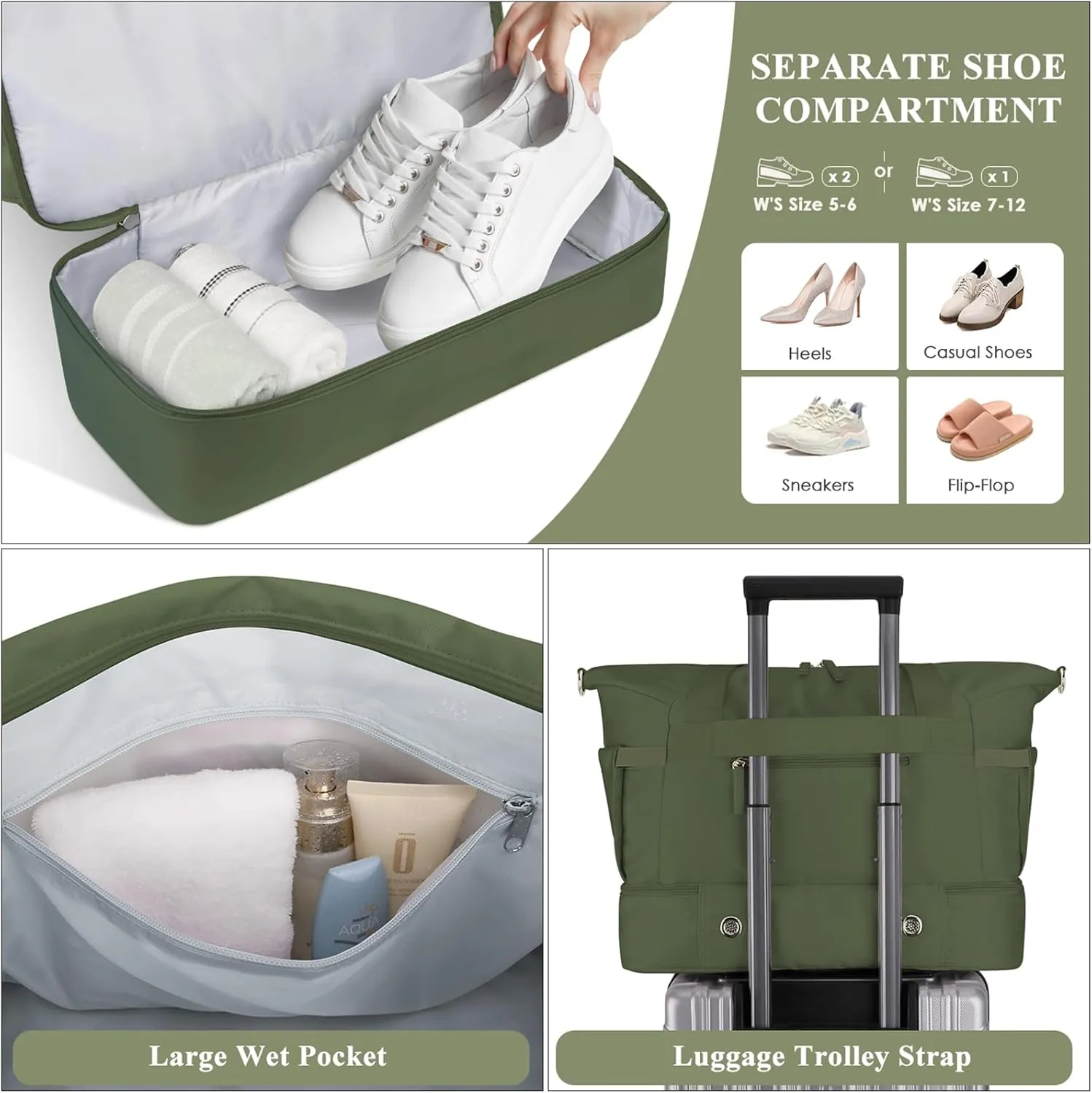 ETRONIK Gym Bag for Women, Travel Duffel Bag with USB Charging Port, Weekender Overnight Bag with Wet Pocket and Shoes Compartment for Women, Travel, Gym, Yoga (Army Green)