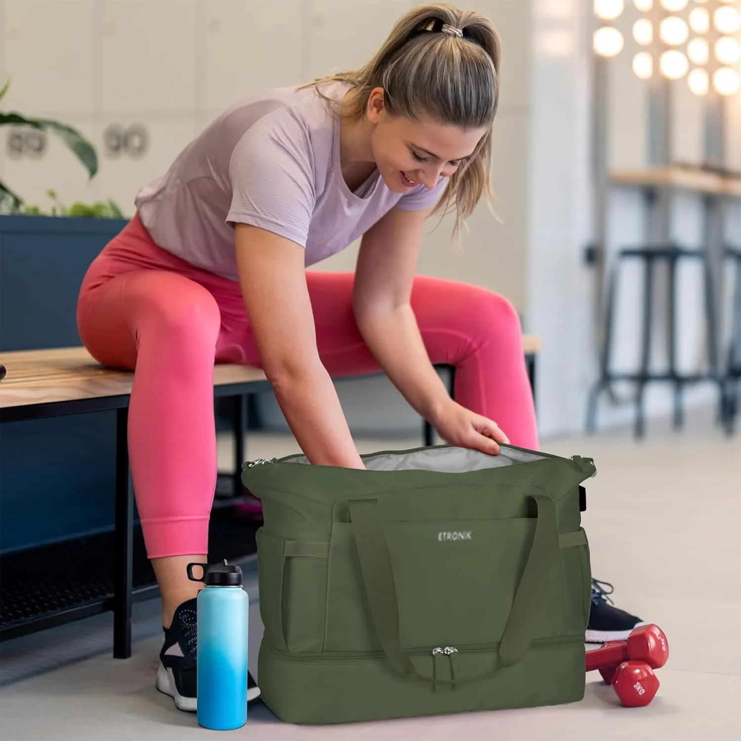 ETRONIK Gym Bag for Women, Travel Duffel Bag with USB Charging Port, Weekender Overnight Bag with Wet Pocket and Shoes Compartment for Women, Travel, Gym, Yoga (Army Green)