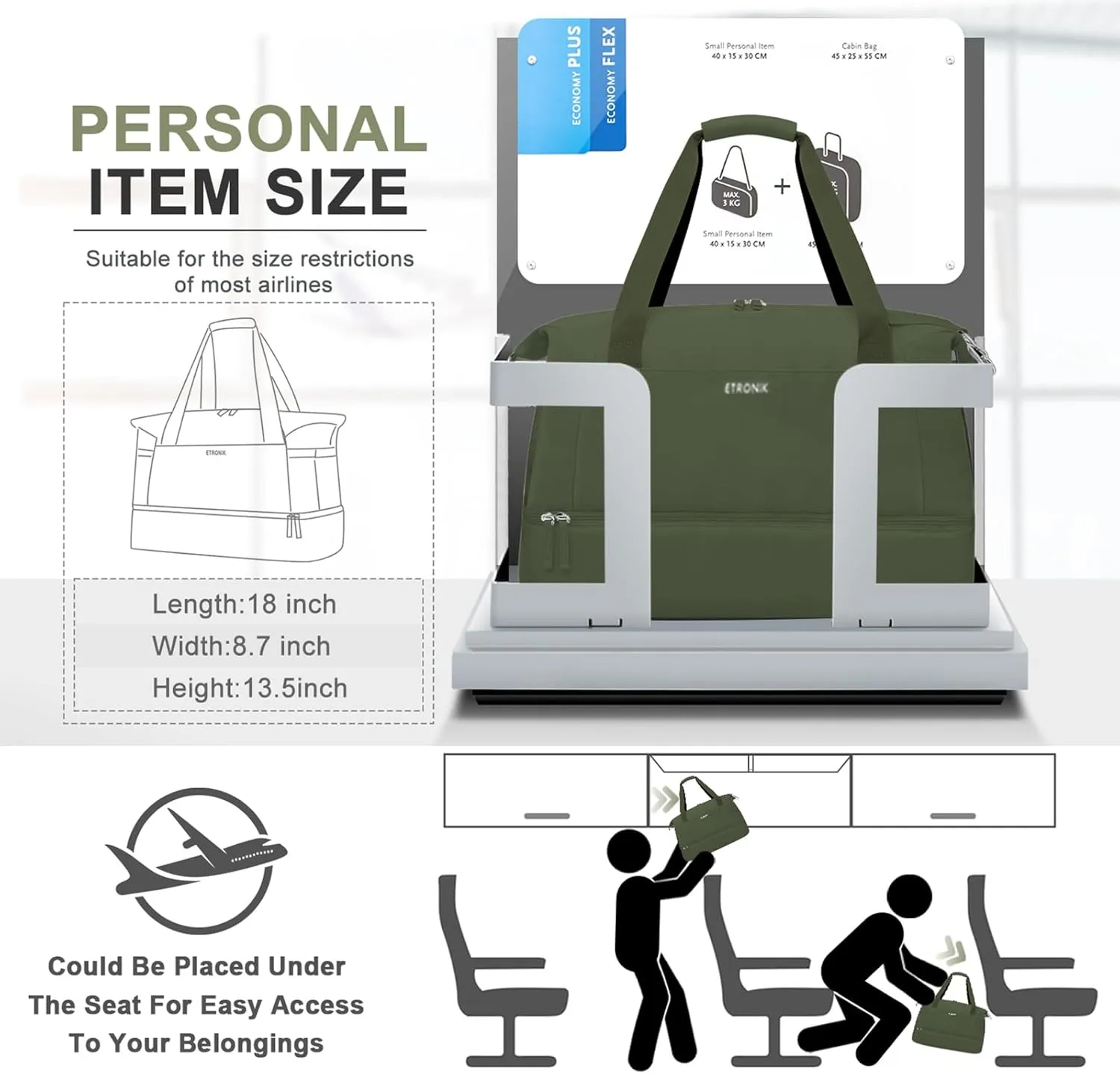 ETRONIK Gym Bag for Women, Travel Duffel Bag with USB Charging Port, Weekender Overnight Bag with Wet Pocket and Shoes Compartment for Women, Travel, Gym, Yoga (Army Green)