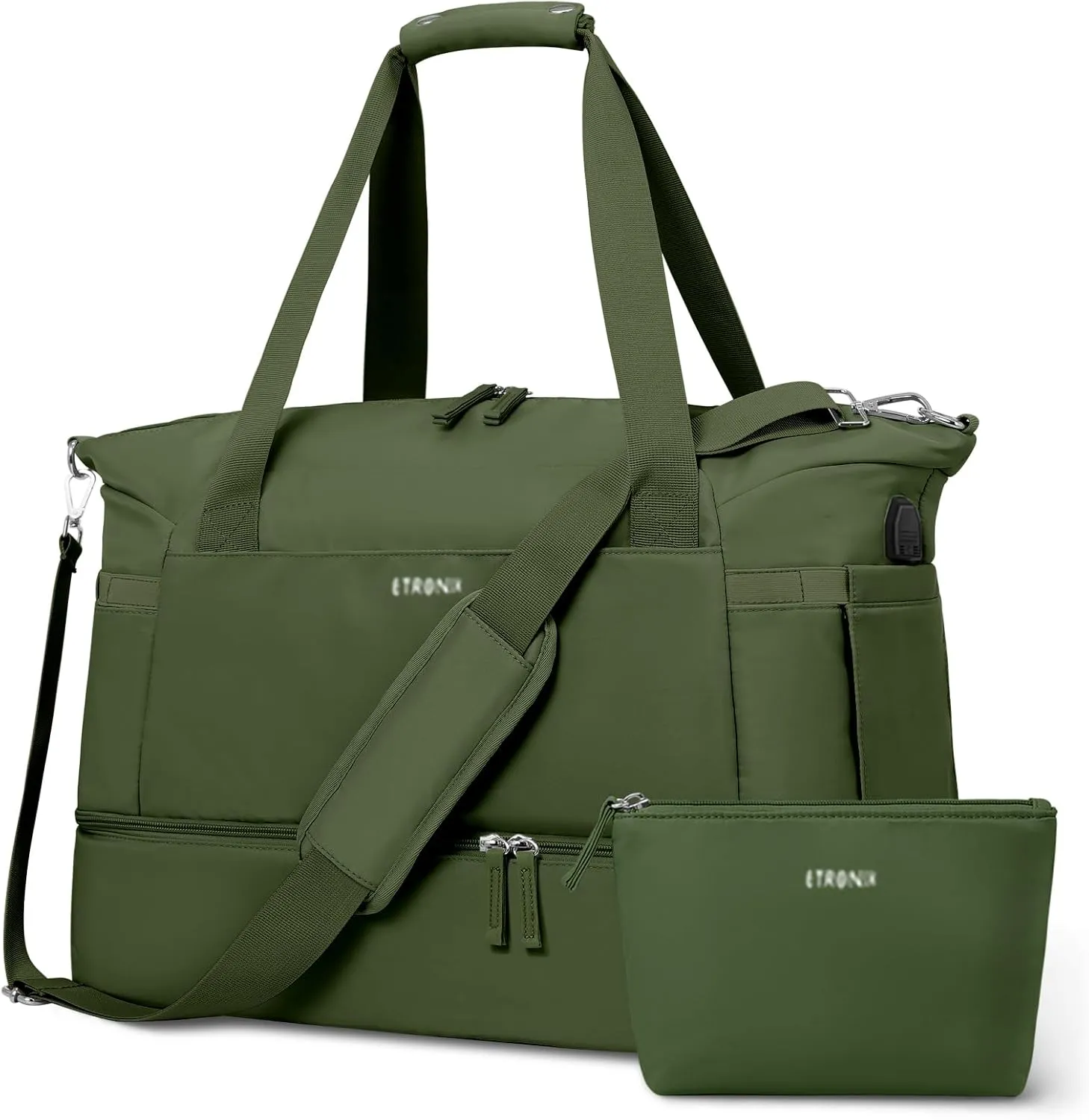 ETRONIK Gym Bag for Women, Travel Duffel Bag with USB Charging Port, Weekender Overnight Bag with Wet Pocket and Shoes Compartment for Women, Travel, Gym, Yoga (Army Green)