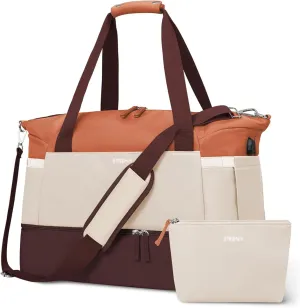 ETRONIK Gym Bag for Women, Travel Duffel Bag with USB Charging Port, Weekender Overnight Bag with Wet Pocket and Shoes Compartment for Women, Travel, Gym, Yoga (Brown/Khaki/Orange)