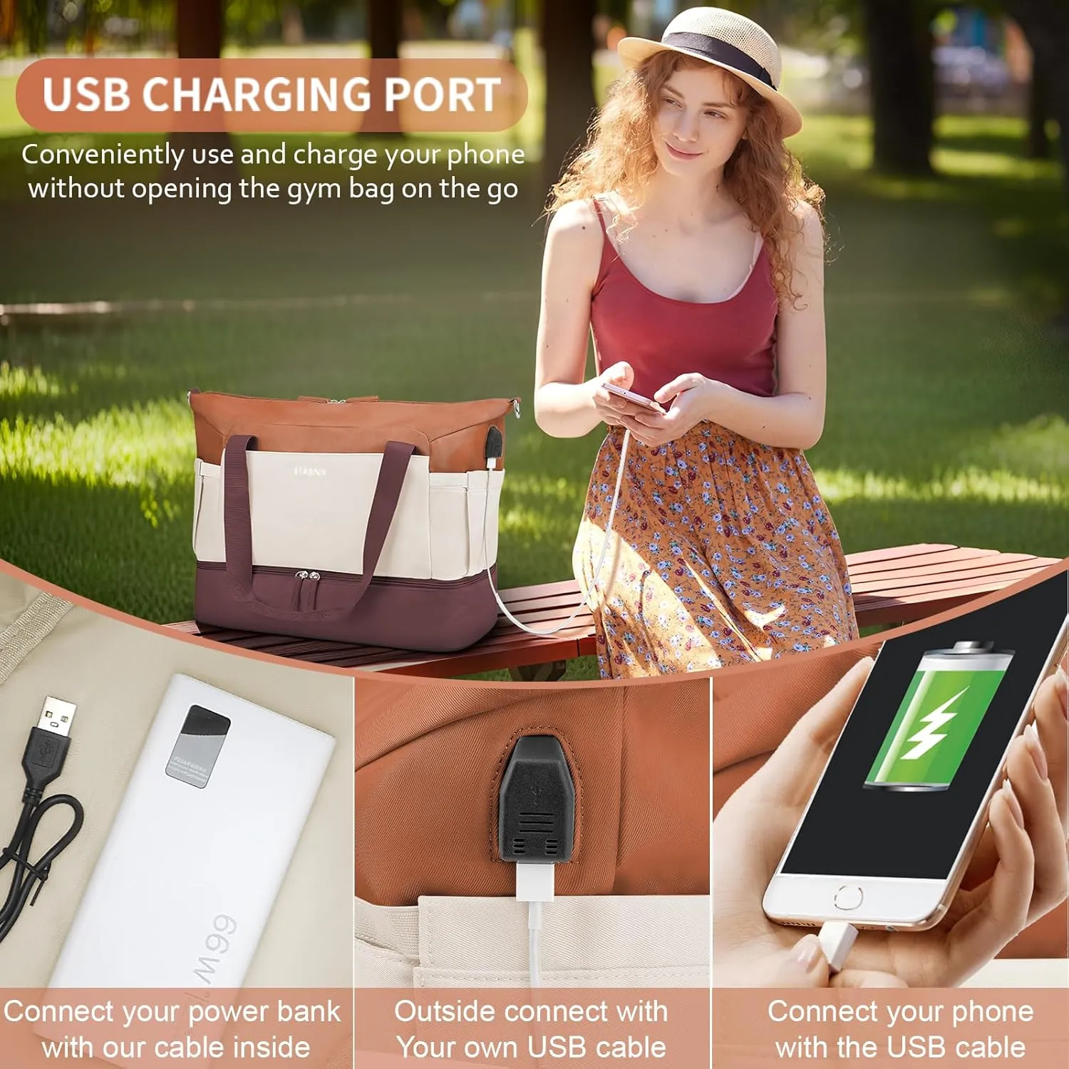 ETRONIK Gym Bag for Women, Travel Duffel Bag with USB Charging Port, Weekender Overnight Bag with Wet Pocket and Shoes Compartment for Women, Travel, Gym, Yoga (Brown/Khaki/Orange)