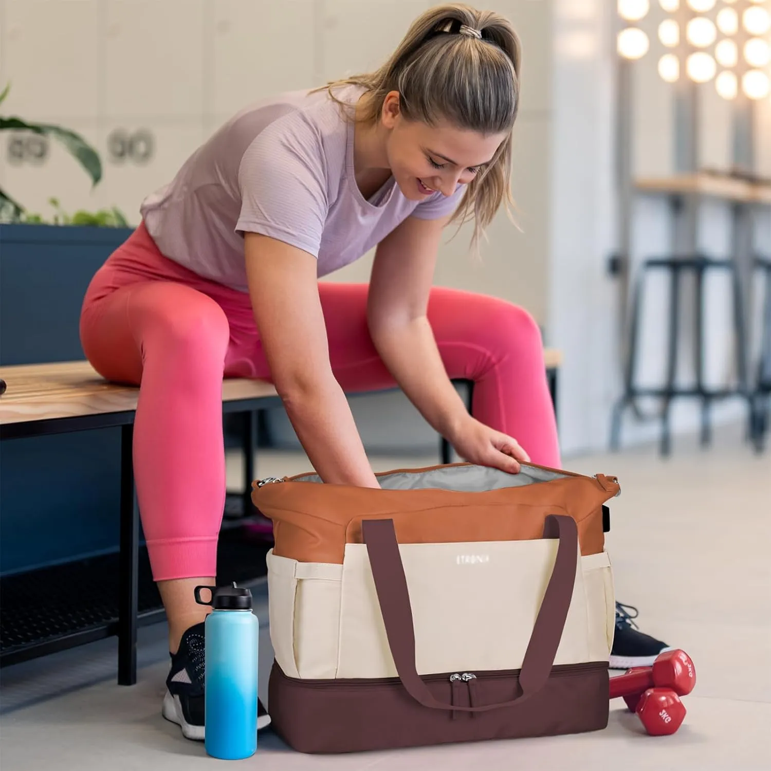 ETRONIK Gym Bag for Women, Travel Duffel Bag with USB Charging Port, Weekender Overnight Bag with Wet Pocket and Shoes Compartment for Women, Travel, Gym, Yoga (Brown/Khaki/Orange)