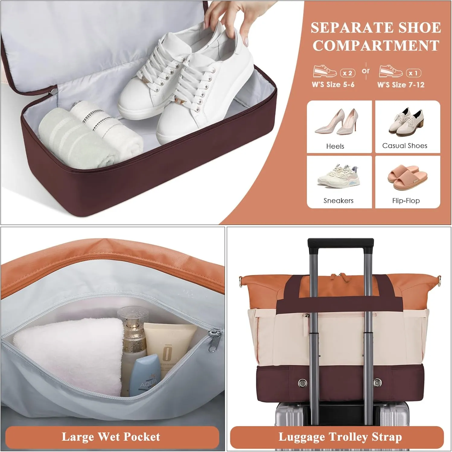 ETRONIK Gym Bag for Women, Travel Duffel Bag with USB Charging Port, Weekender Overnight Bag with Wet Pocket and Shoes Compartment for Women, Travel, Gym, Yoga (Brown/Khaki/Orange)