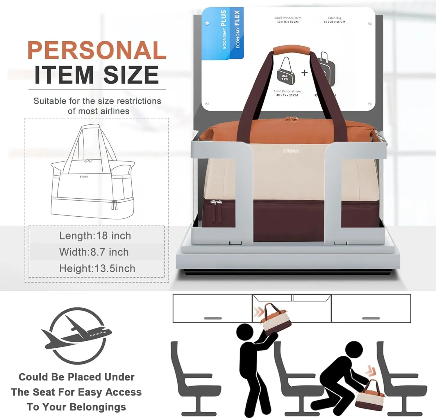 ETRONIK Gym Bag for Women, Travel Duffel Bag with USB Charging Port, Weekender Overnight Bag with Wet Pocket and Shoes Compartment for Women, Travel, Gym, Yoga (Brown/Khaki/Orange)