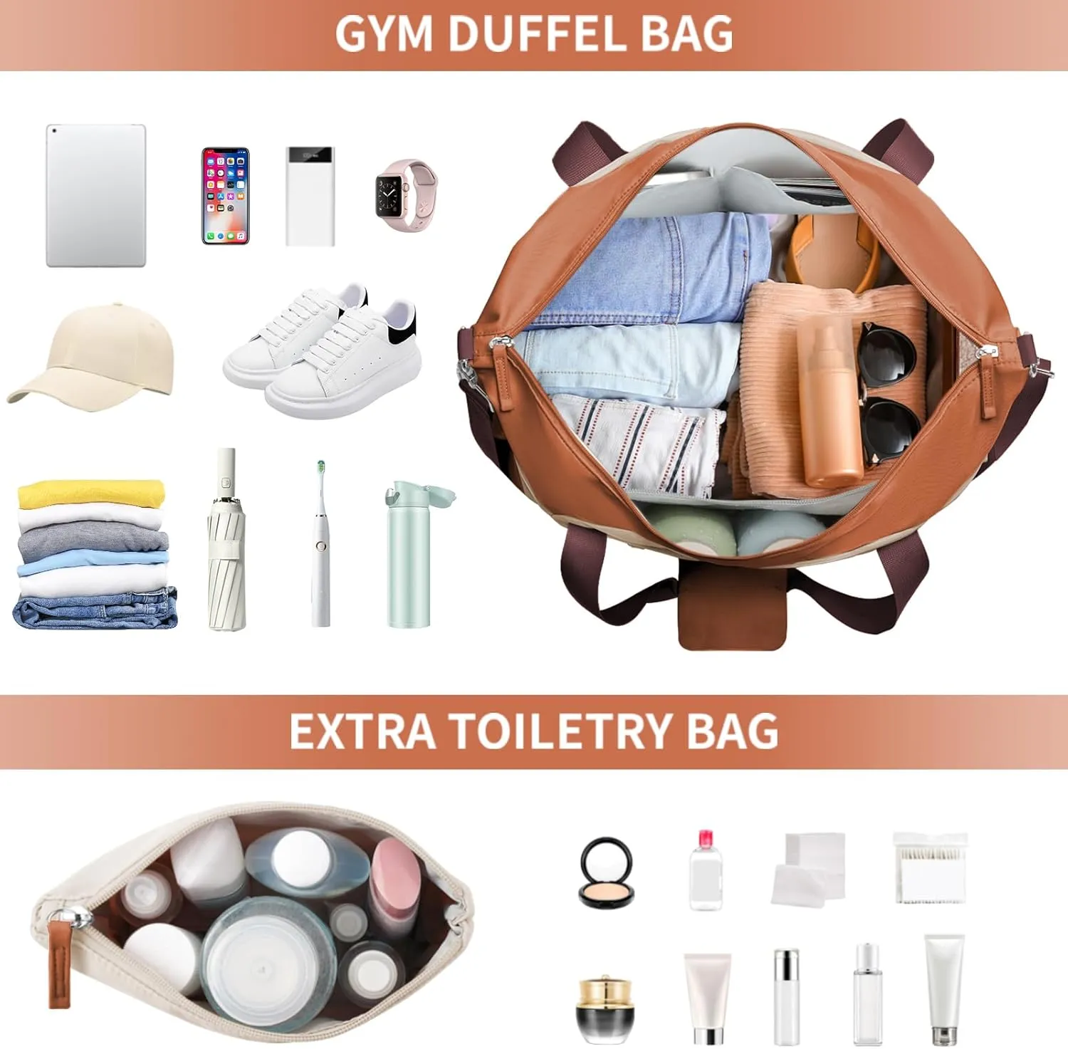 ETRONIK Gym Bag for Women, Travel Duffel Bag with USB Charging Port, Weekender Overnight Bag with Wet Pocket and Shoes Compartment for Women, Travel, Gym, Yoga (Brown/Khaki/Orange)