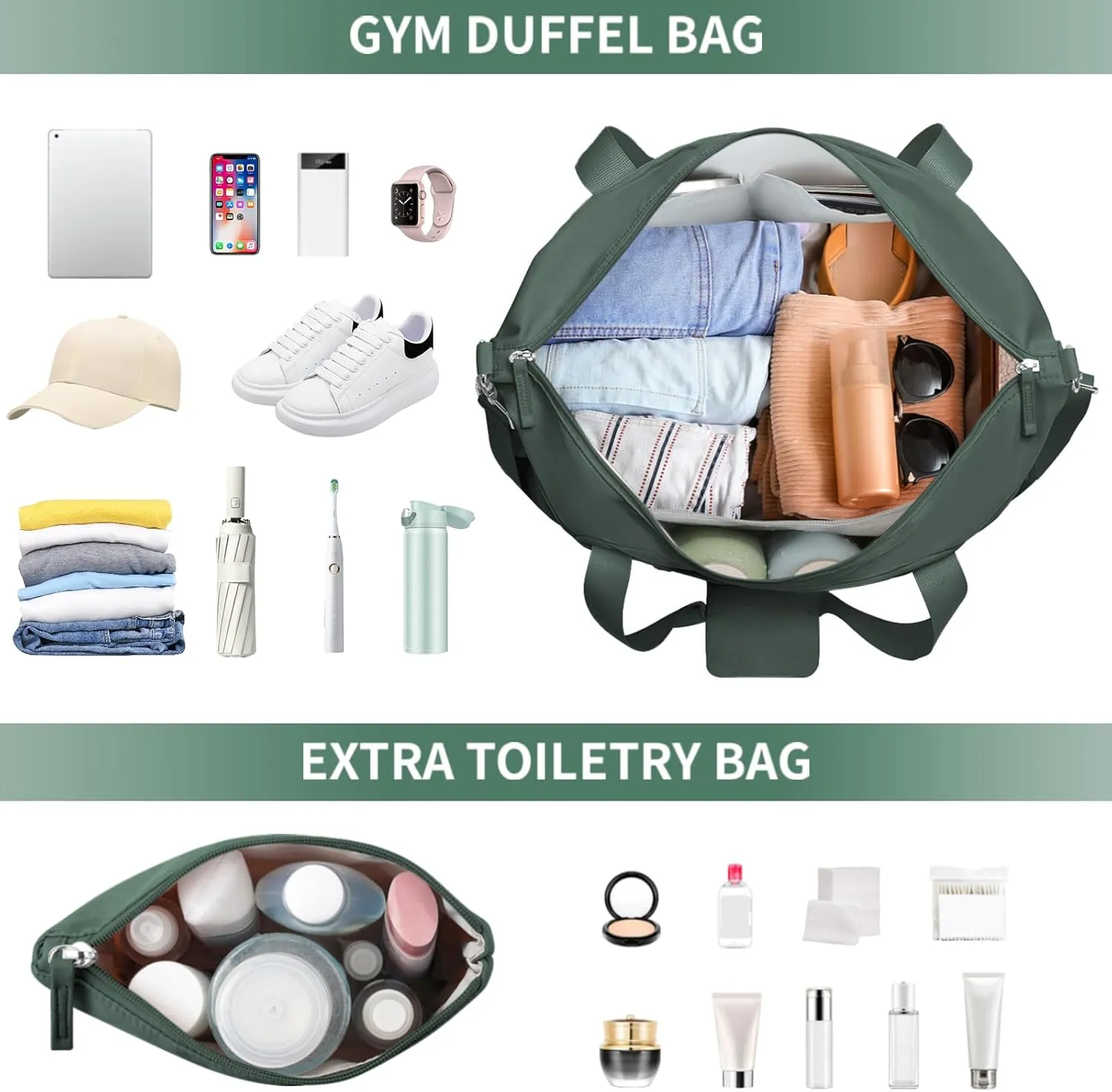ETRONIK Gym Bag for Women, Travel Duffel Bag with USB Charging Port, Weekender Overnight Bag with Wet Pocket and Shoes Compartment for Women, Travel, Gym, Yoga (Dark Green)