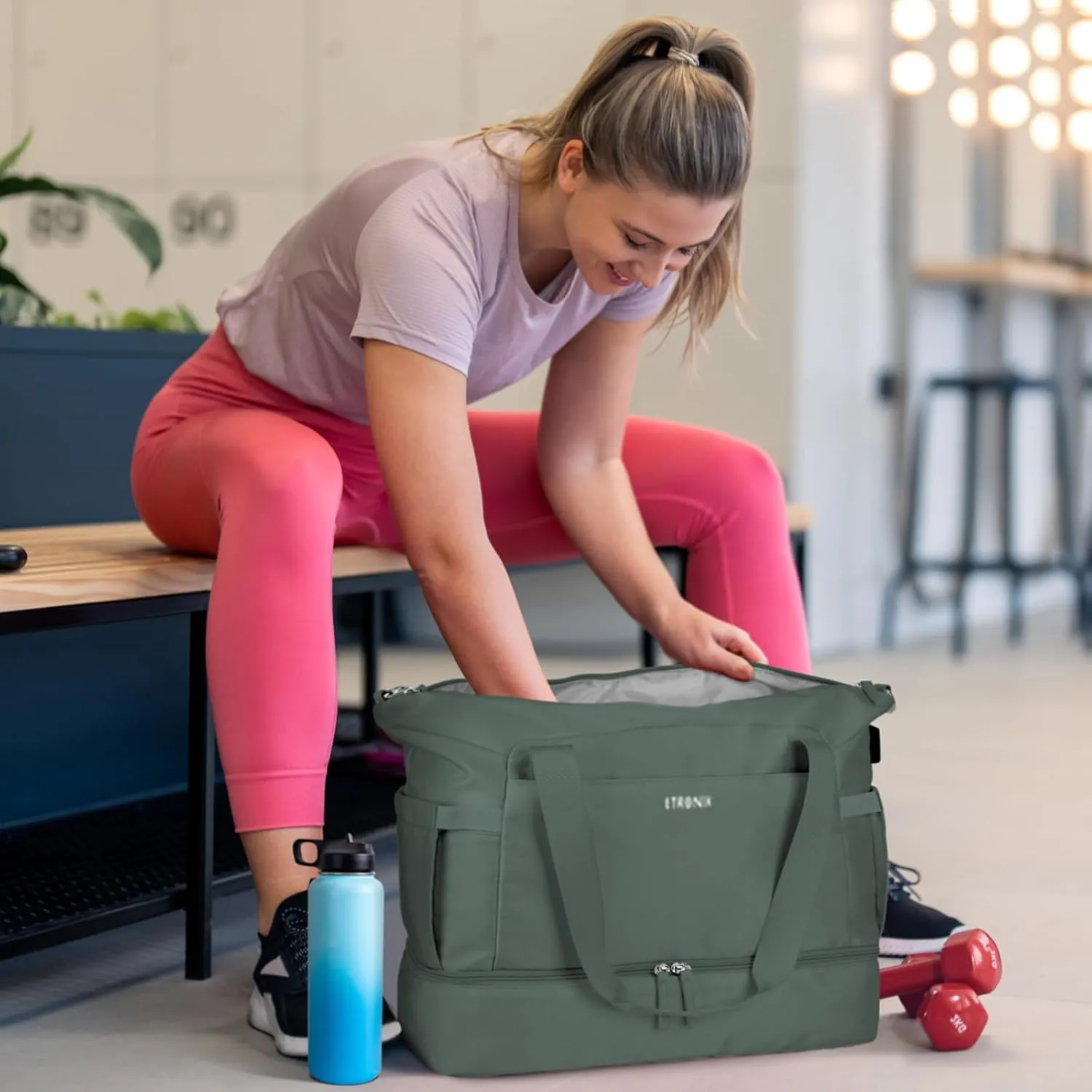ETRONIK Gym Bag for Women, Travel Duffel Bag with USB Charging Port, Weekender Overnight Bag with Wet Pocket and Shoes Compartment for Women, Travel, Gym, Yoga (Dark Green)