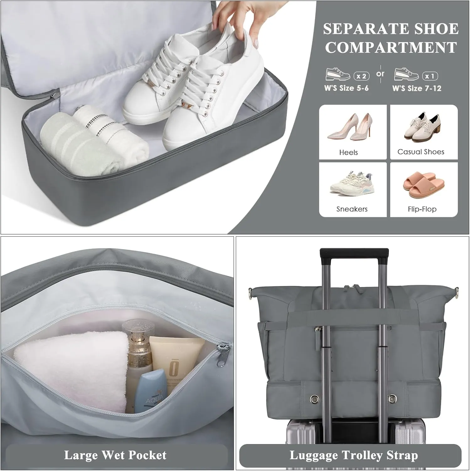 ETRONIK Gym Bag for Women, Travel Duffel Bag with USB Charging Port, Weekender Overnight Bag with Wet Pocket and Shoes Compartment for Women, Travel, Gym, Yoga (Dark Grey)