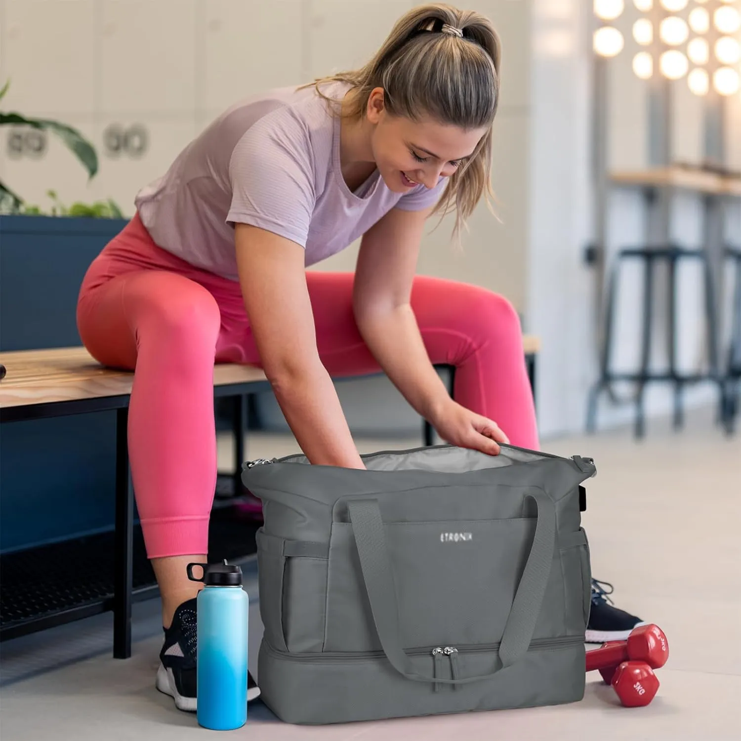 ETRONIK Gym Bag for Women, Travel Duffel Bag with USB Charging Port, Weekender Overnight Bag with Wet Pocket and Shoes Compartment for Women, Travel, Gym, Yoga (Dark Grey)