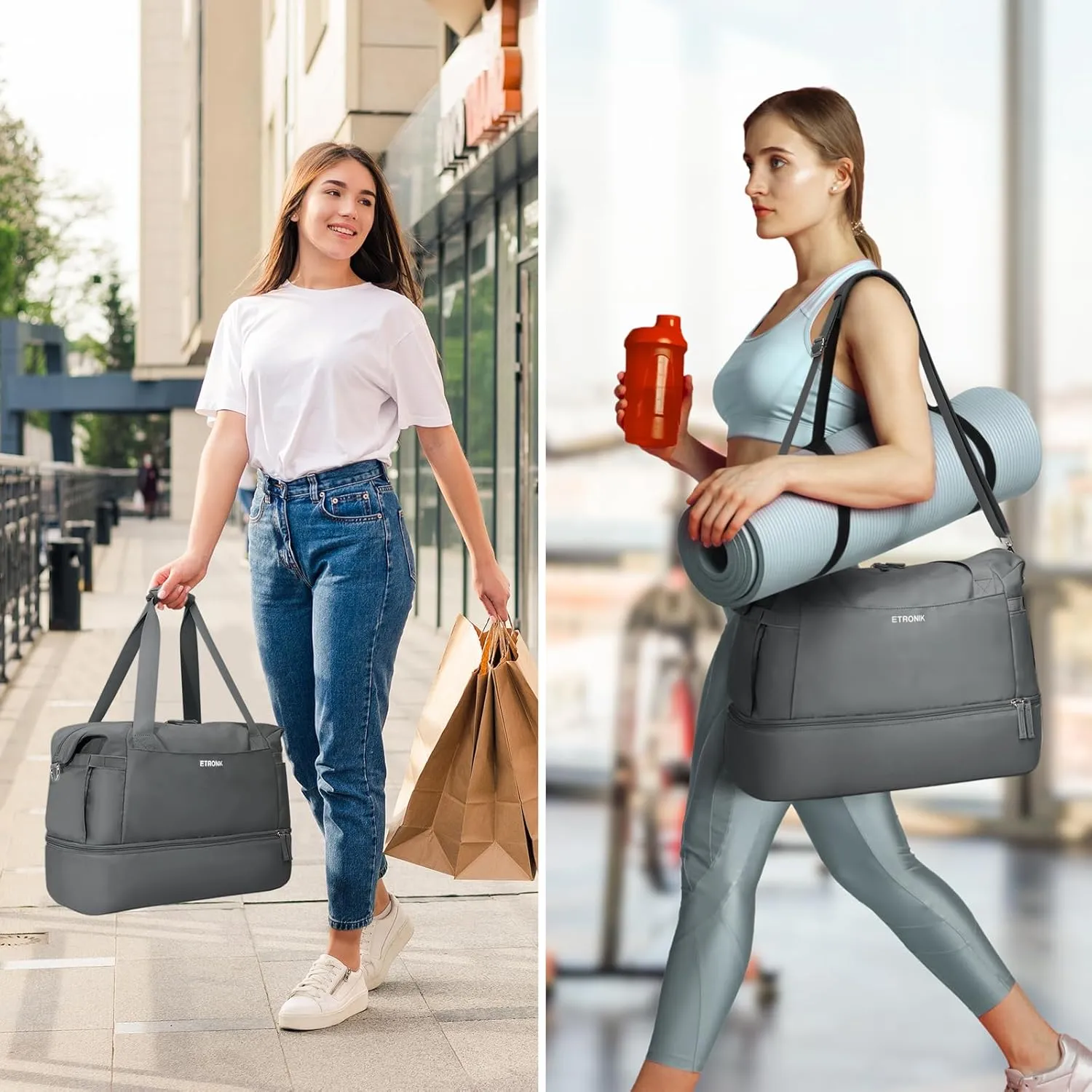 ETRONIK Gym Bag for Women, Travel Duffel Bag with USB Charging Port, Weekender Overnight Bag with Wet Pocket and Shoes Compartment for Women, Travel, Gym, Yoga (Dark Grey)