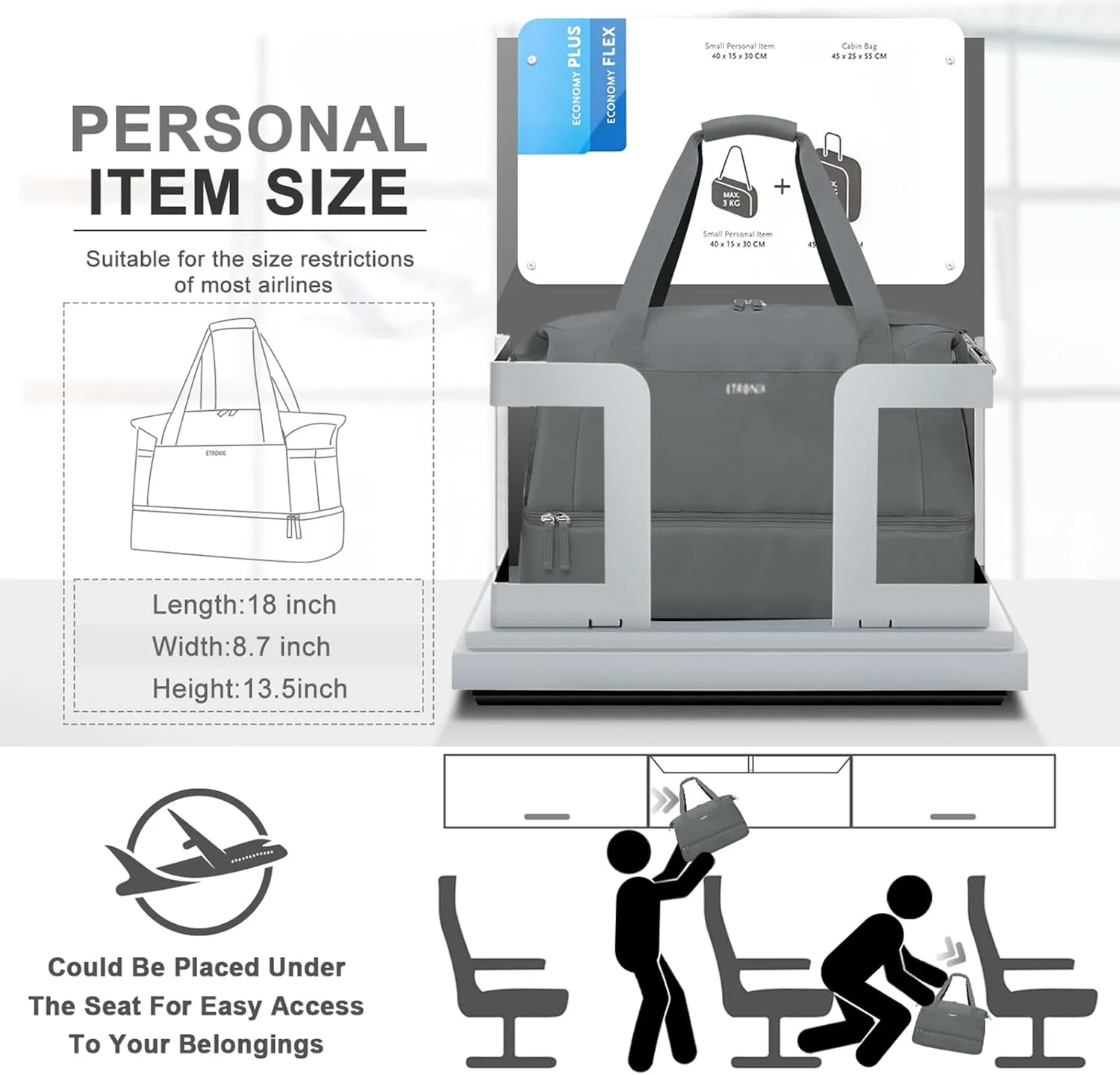 ETRONIK Gym Bag for Women, Travel Duffel Bag with USB Charging Port, Weekender Overnight Bag with Wet Pocket and Shoes Compartment for Women, Travel, Gym, Yoga (Dark Grey)