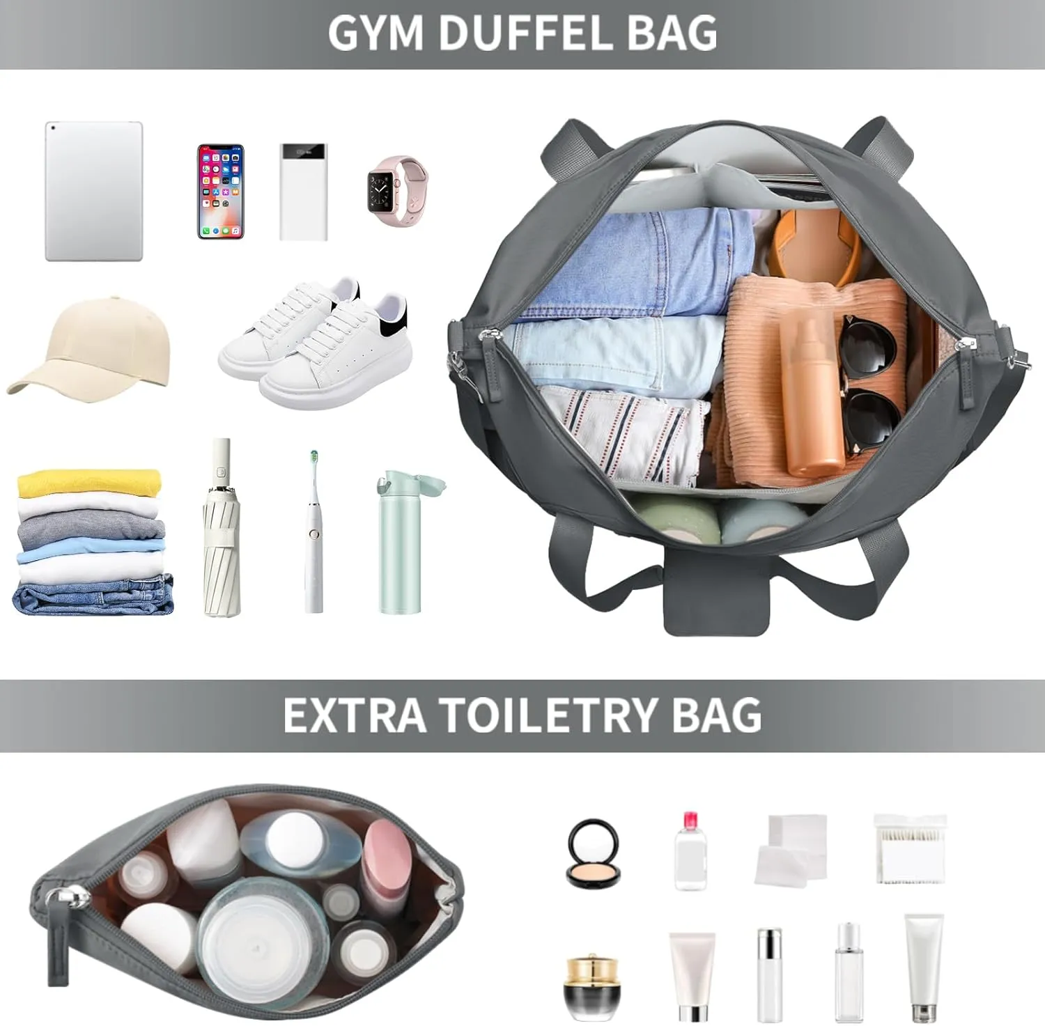 ETRONIK Gym Bag for Women, Travel Duffel Bag with USB Charging Port, Weekender Overnight Bag with Wet Pocket and Shoes Compartment for Women, Travel, Gym, Yoga (Dark Grey)