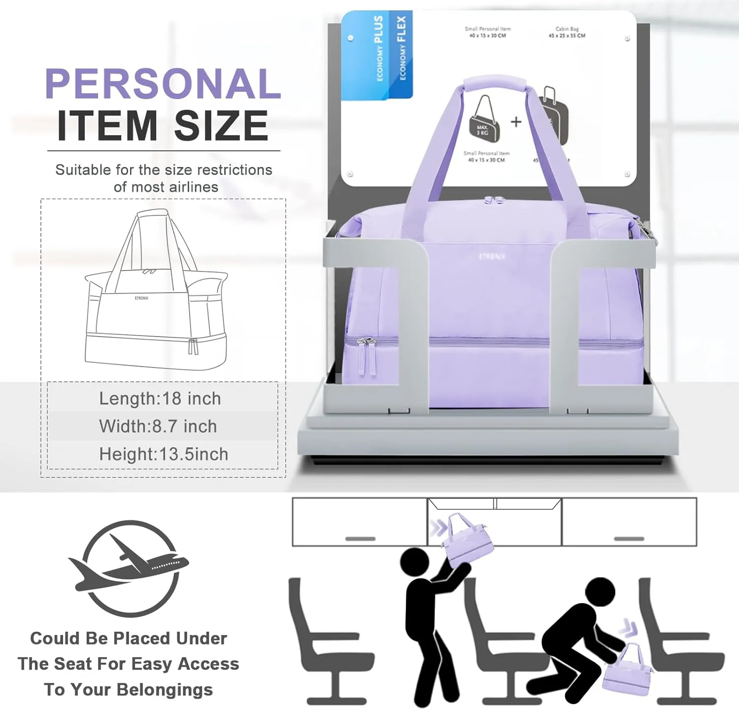 ETRONIK Gym Bag for Women, Travel Duffel Bag with USB Charging Port, Weekender Overnight Bag with Wet Pocket and Shoes Compartment for Women, Travel, Gym, Yoga (Purple)