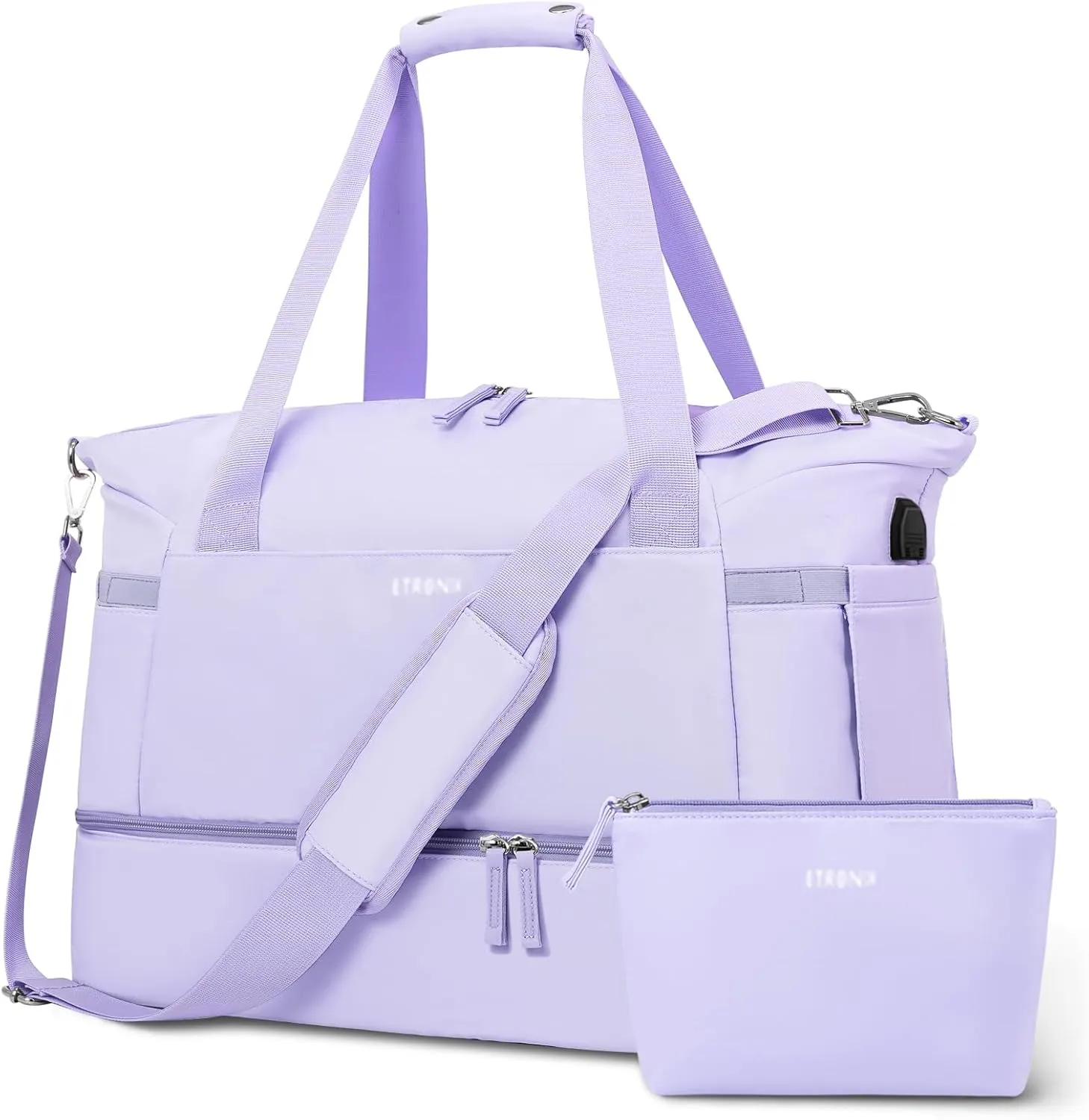 ETRONIK Gym Bag for Women, Travel Duffel Bag with USB Charging Port, Weekender Overnight Bag with Wet Pocket and Shoes Compartment for Women, Travel, Gym, Yoga (Purple)