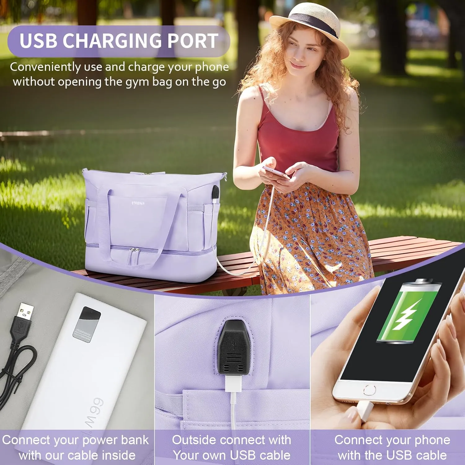 ETRONIK Gym Bag for Women, Travel Duffel Bag with USB Charging Port, Weekender Overnight Bag with Wet Pocket and Shoes Compartment for Women, Travel, Gym, Yoga (Purple)