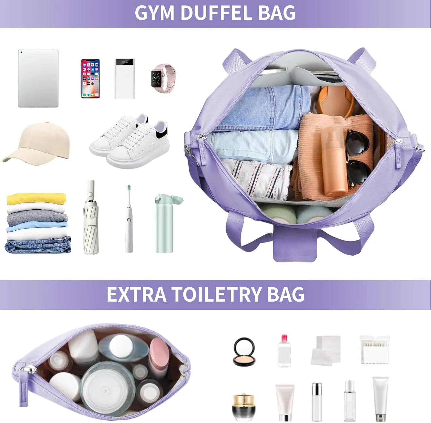 ETRONIK Gym Bag for Women, Travel Duffel Bag with USB Charging Port, Weekender Overnight Bag with Wet Pocket and Shoes Compartment for Women, Travel, Gym, Yoga (Purple)