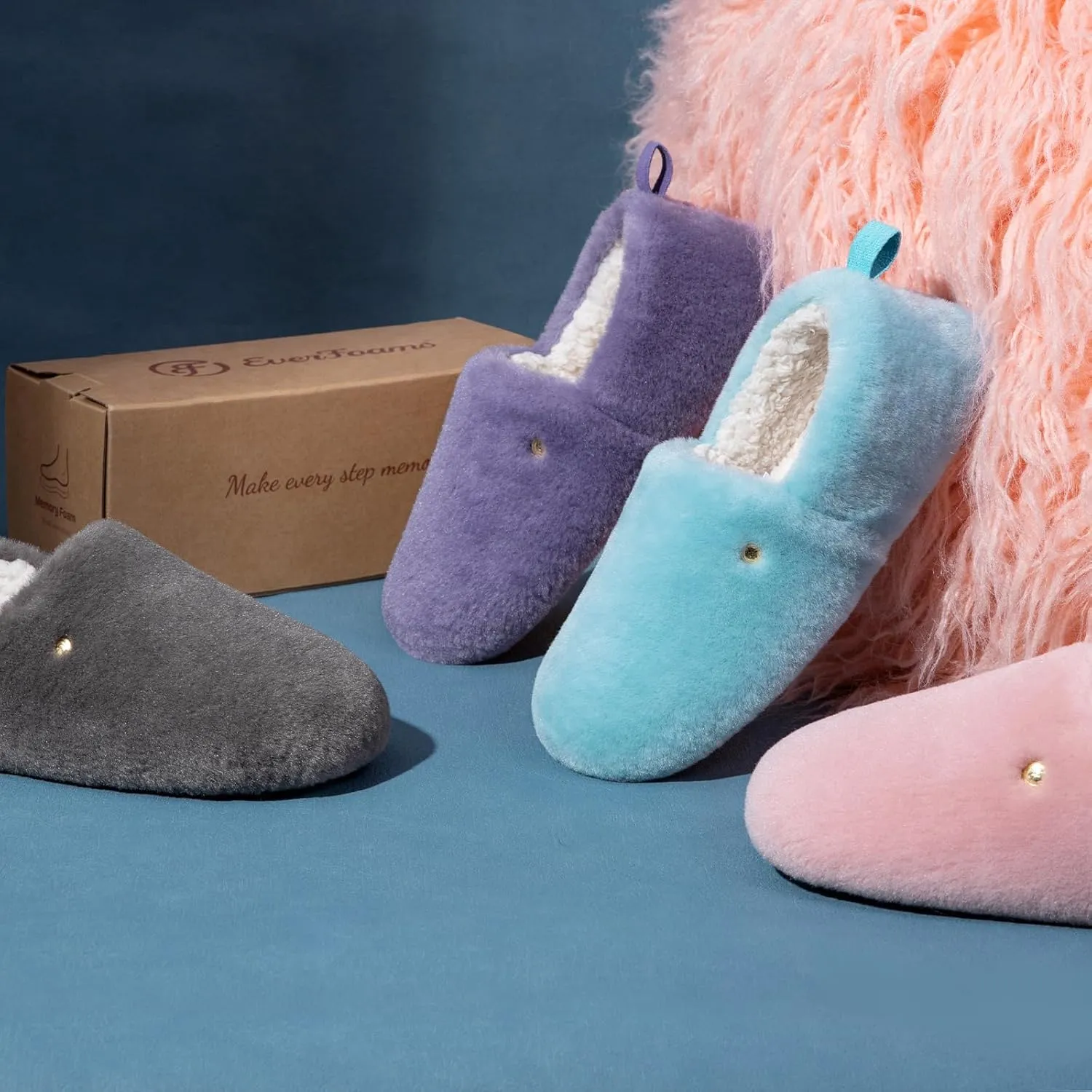 EverFoams Women's Closed Back Slippers Fuzzy Faux Wool Soft Lightweight Non Slip House Shoes