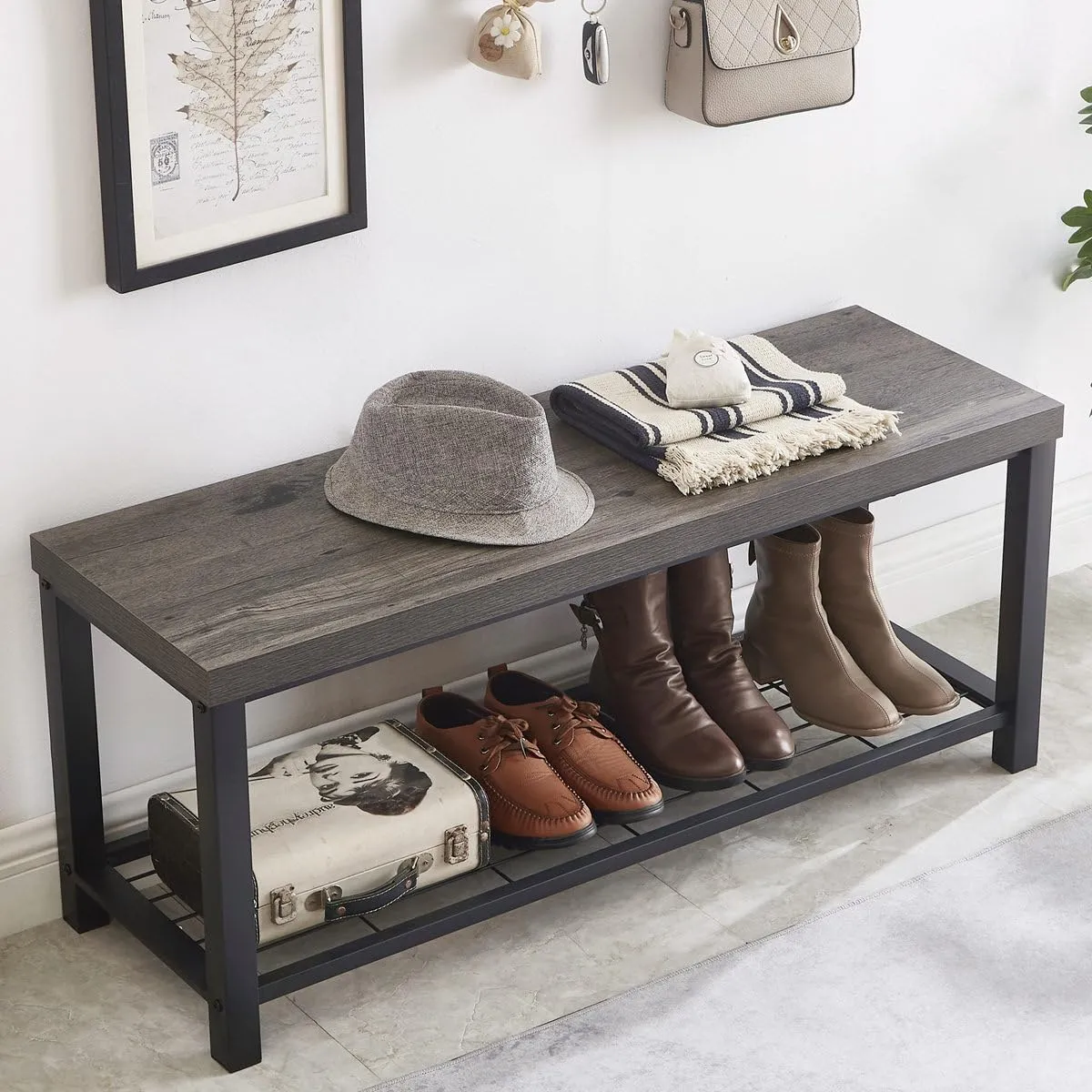 EXCEFUR Entryway Bench, Industrial Metal and Wood Storage Bench for Living Room, Indoor Shoe Rack Bench Seat, 43.3 Inch Grey