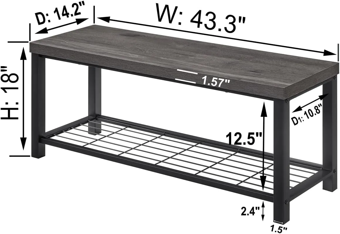 EXCEFUR Entryway Bench, Industrial Metal and Wood Storage Bench for Living Room, Indoor Shoe Rack Bench Seat, 43.3 Inch Grey