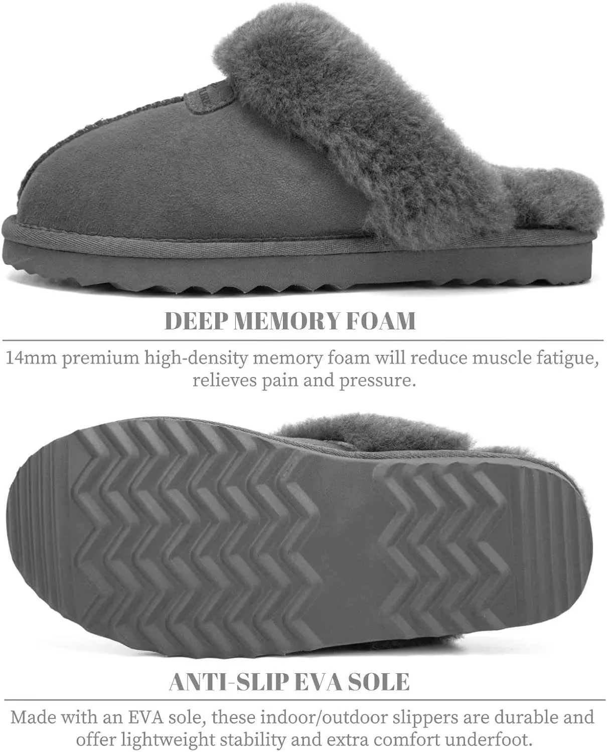 FANTURE Genuine Australian Sheepskin Women Slippers, Memory Foam Fluffy Shearling Slippers Indoor Outdoor House Shoes with Warm Lining
