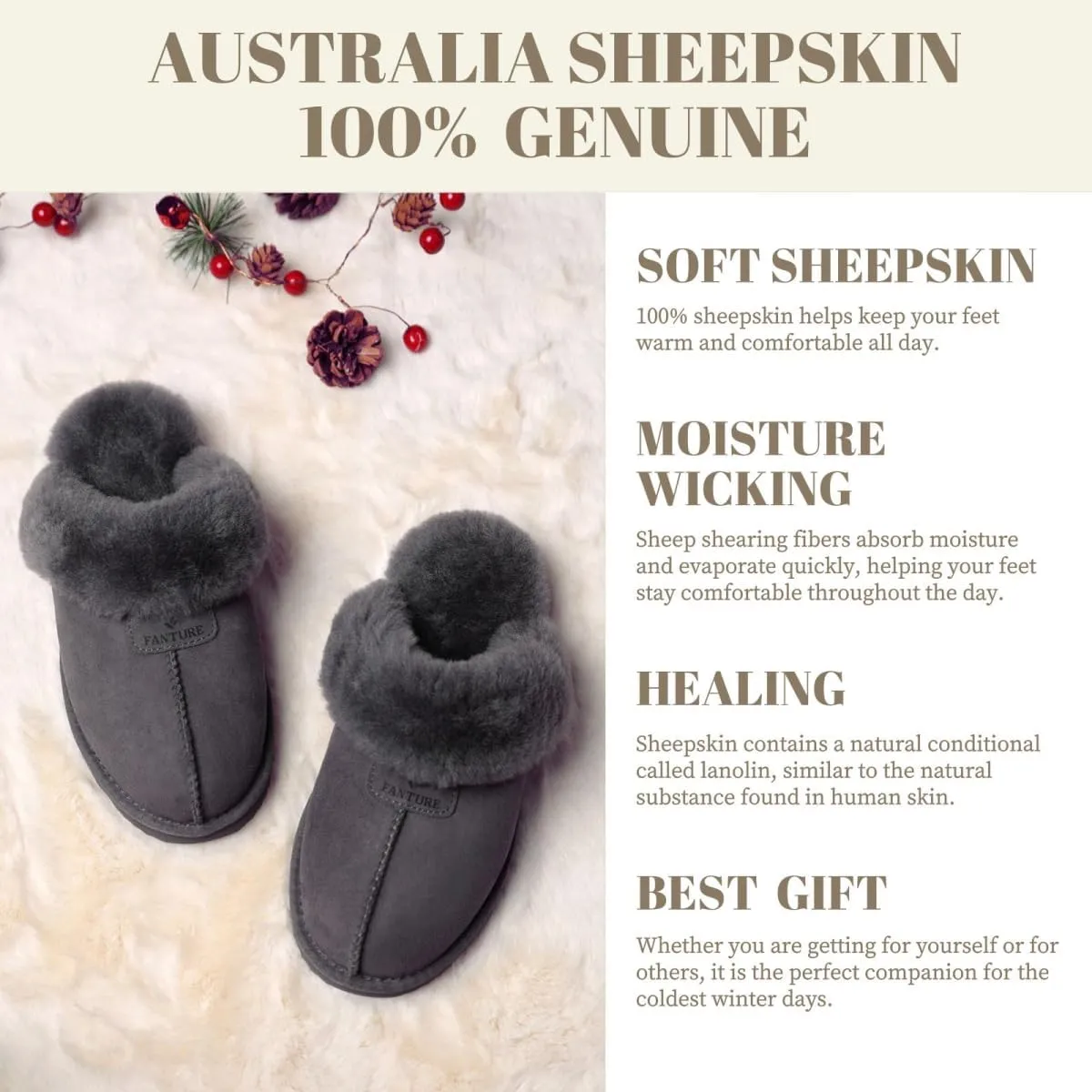 FANTURE Genuine Australian Sheepskin Women Slippers, Memory Foam Fluffy Shearling Slippers Indoor Outdoor House Shoes with Warm Lining