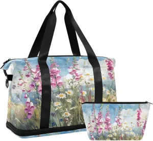 Farmland Wildflowers Gym Bag for Women Sport Travel Duffel Bag Shoulder Weekender Overnight Bags with Wet Pocket & Shoe Compartment