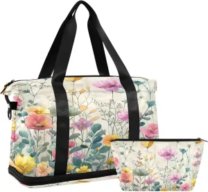 Farmland Wildflowers Gym Bag for Women Sport Travel Duffel Bag Shoulder Weekender Overnight Bags with Wet Pocket & Shoe Compartment