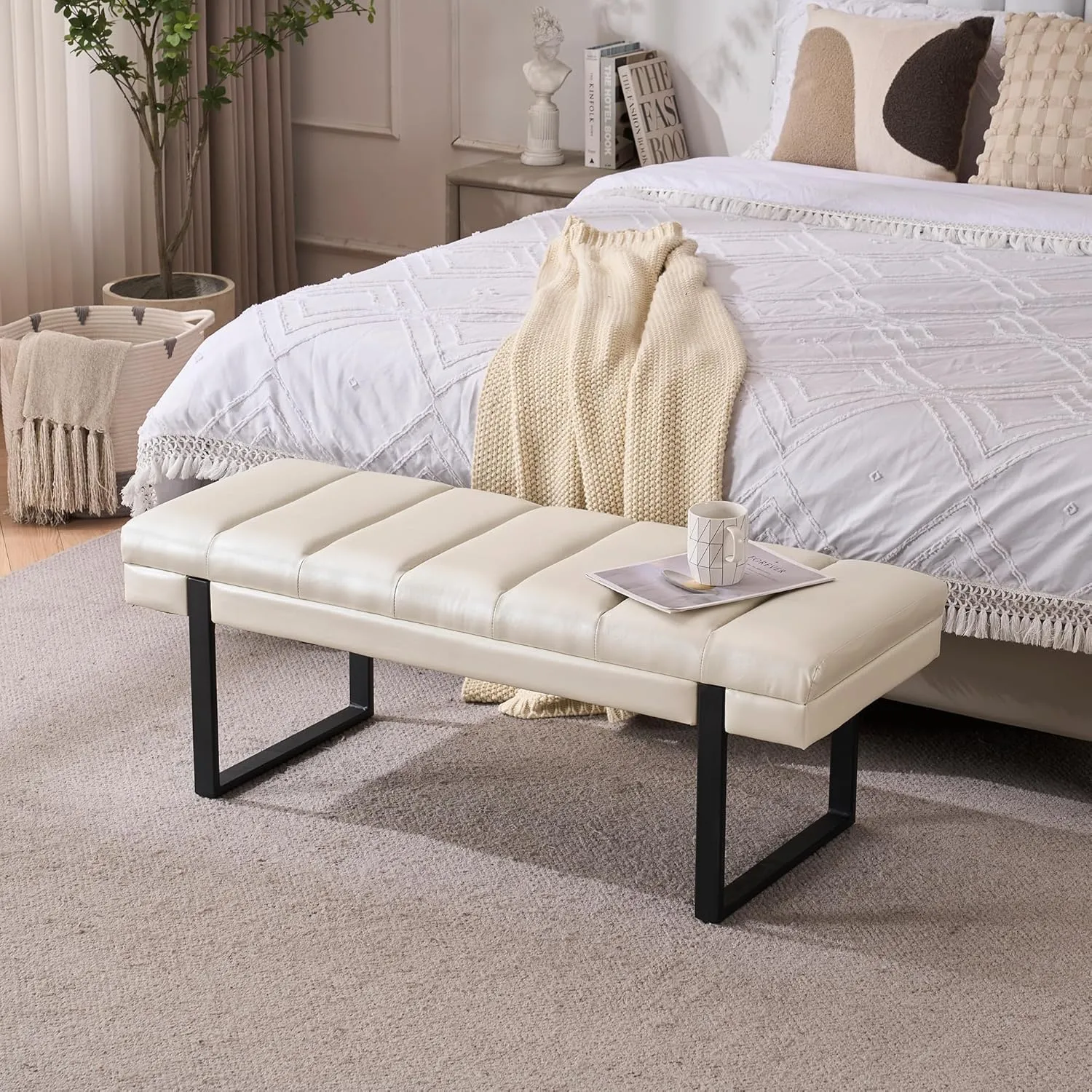 Faux Leather Bench 46.5" Ottoman Bench, Tufted Padded End of Bed Bench with Metal Legs, Upholstered Dining Table Bench Shoe Bench for Bedroom Living Room Entryway Window (Beige, 46" Wide)