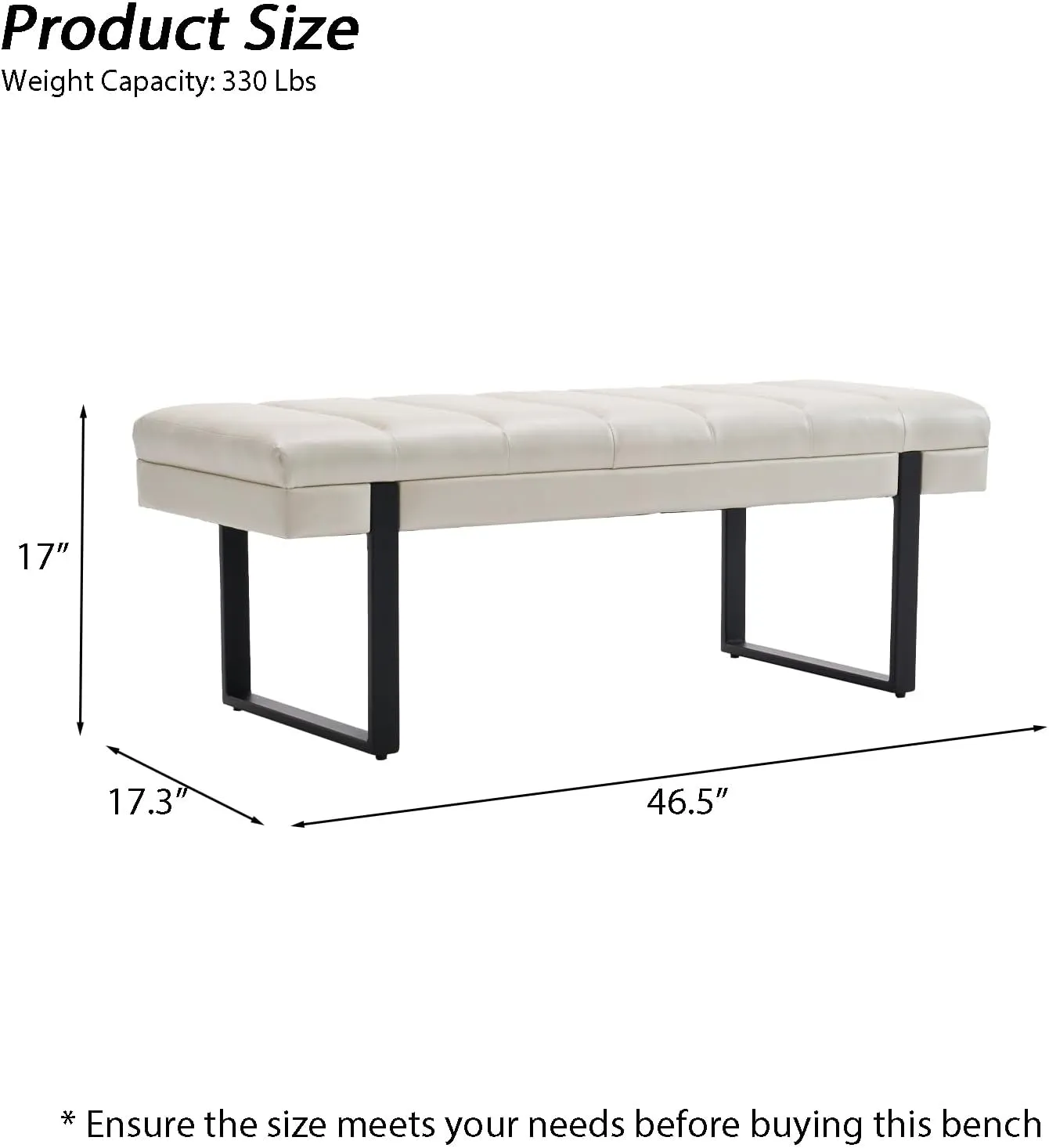 Faux Leather Bench 46.5" Ottoman Bench, Tufted Padded End of Bed Bench with Metal Legs, Upholstered Dining Table Bench Shoe Bench for Bedroom Living Room Entryway Window (Beige, 46" Wide)