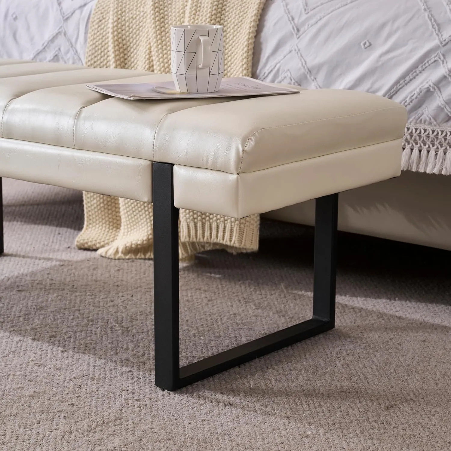 Faux Leather Bench 46.5" Ottoman Bench, Tufted Padded End of Bed Bench with Metal Legs, Upholstered Dining Table Bench Shoe Bench for Bedroom Living Room Entryway Window (Beige, 46" Wide)