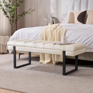 Faux Leather Bench 46.5" Ottoman Bench, Tufted Padded End of Bed Bench with Metal Legs, Upholstered Dining Table Bench Shoe Bench for Bedroom Living Room Entryway Window (Beige, 46" Wide)