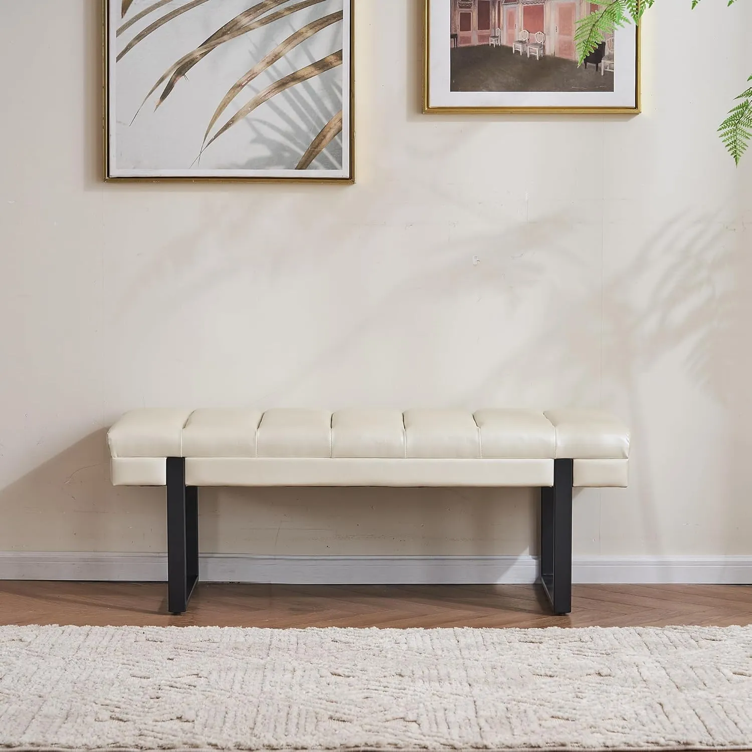 Faux Leather Bench 46.5" Ottoman Bench, Tufted Padded End of Bed Bench with Metal Legs, Upholstered Dining Table Bench Shoe Bench for Bedroom Living Room Entryway Window (Beige, 46" Wide)