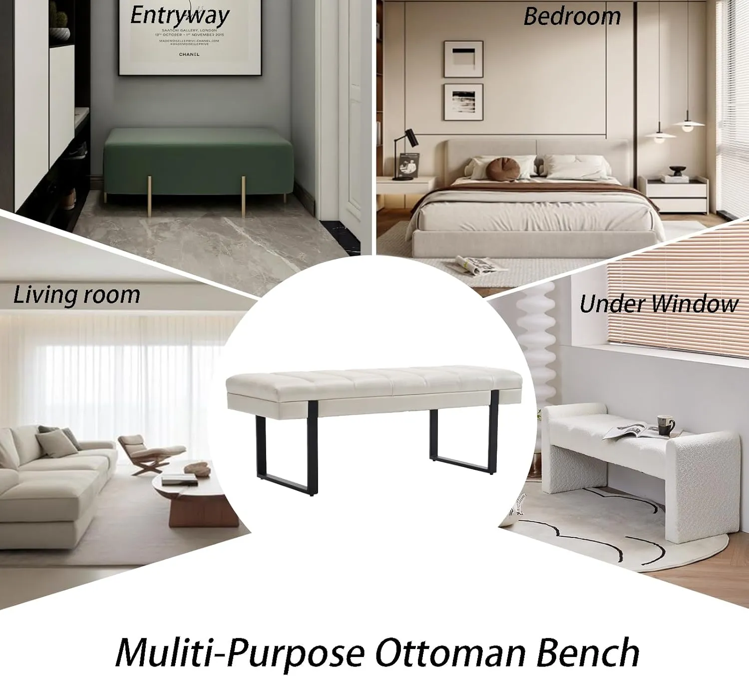 Faux Leather Bench 46.5" Ottoman Bench, Tufted Padded End of Bed Bench with Metal Legs, Upholstered Dining Table Bench Shoe Bench for Bedroom Living Room Entryway Window (Beige, 46" Wide)
