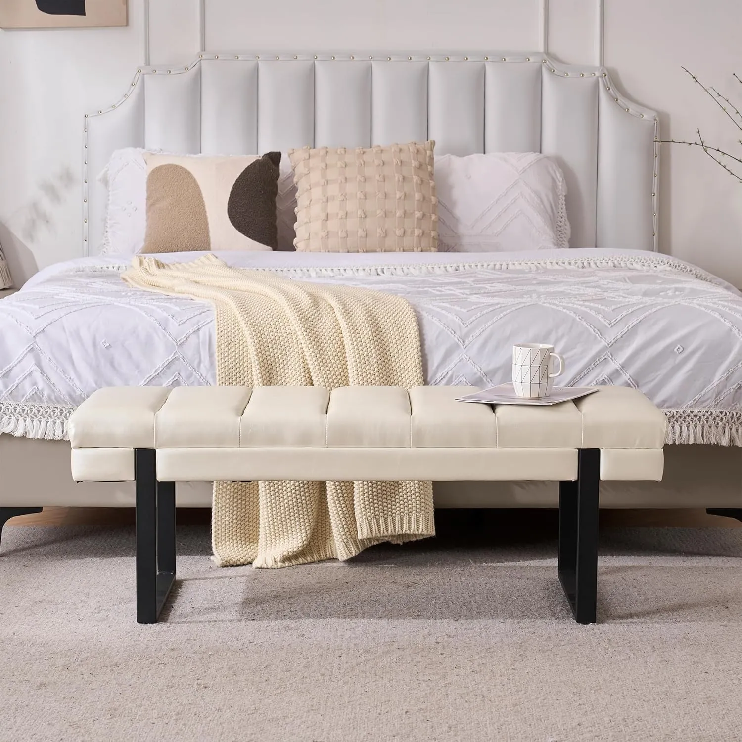Faux Leather Bench 46.5" Ottoman Bench, Tufted Padded End of Bed Bench with Metal Legs, Upholstered Dining Table Bench Shoe Bench for Bedroom Living Room Entryway Window (Beige, 46" Wide)
