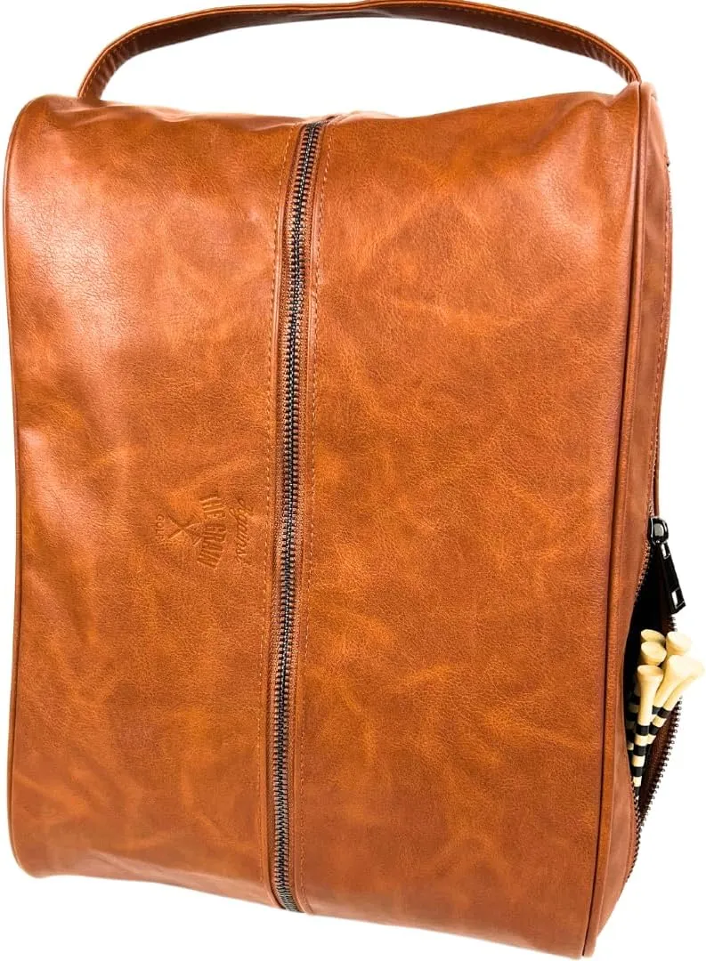 Faux Leather Golf Shoe Bag for Men & Women Shoe Carrier With Ventilation, Durable Nylon Inner Material & Side Pocket for Golf Accesssories Organizer