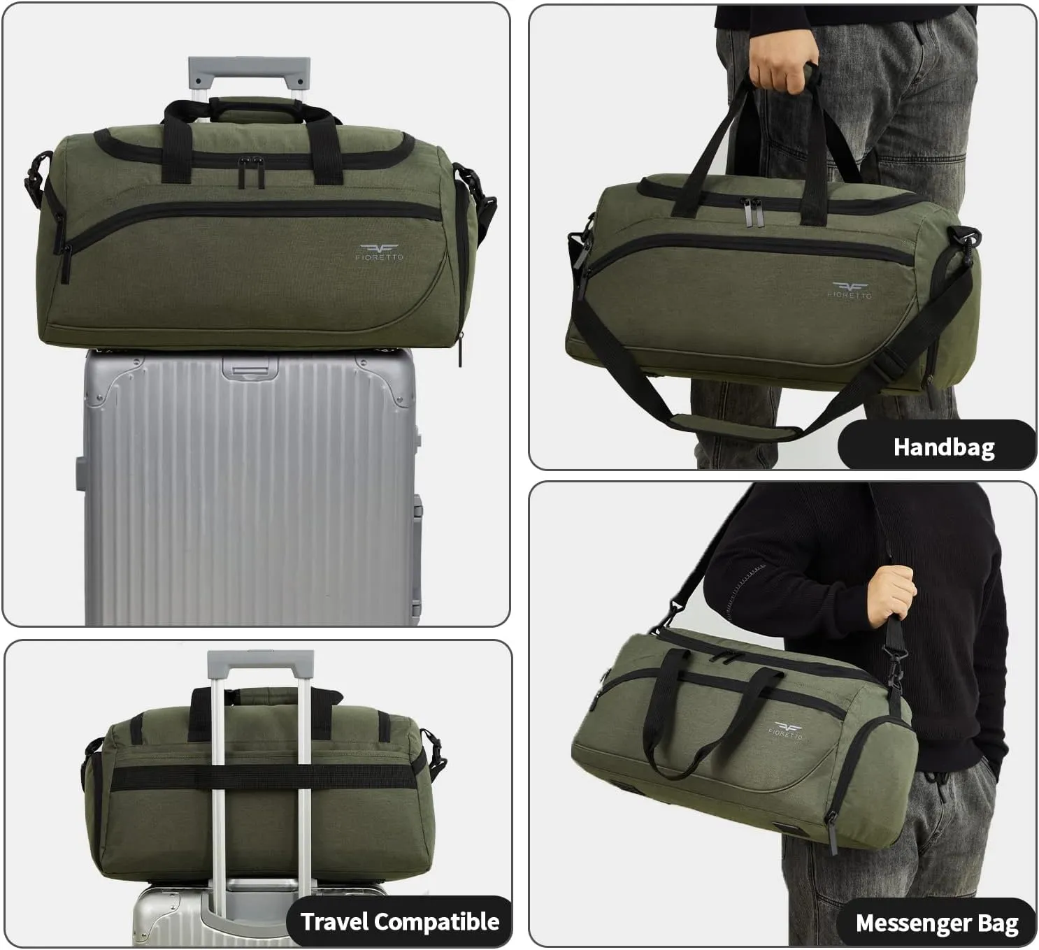FIORETTO 35L Mens Sports Gym Duffle Bag with Wet Pocket & Shoe Compartment, Overnight Weekender Bag with Padded Shoulder Strap, Ideal for Travel, Gym, Sports, Swimming, Green