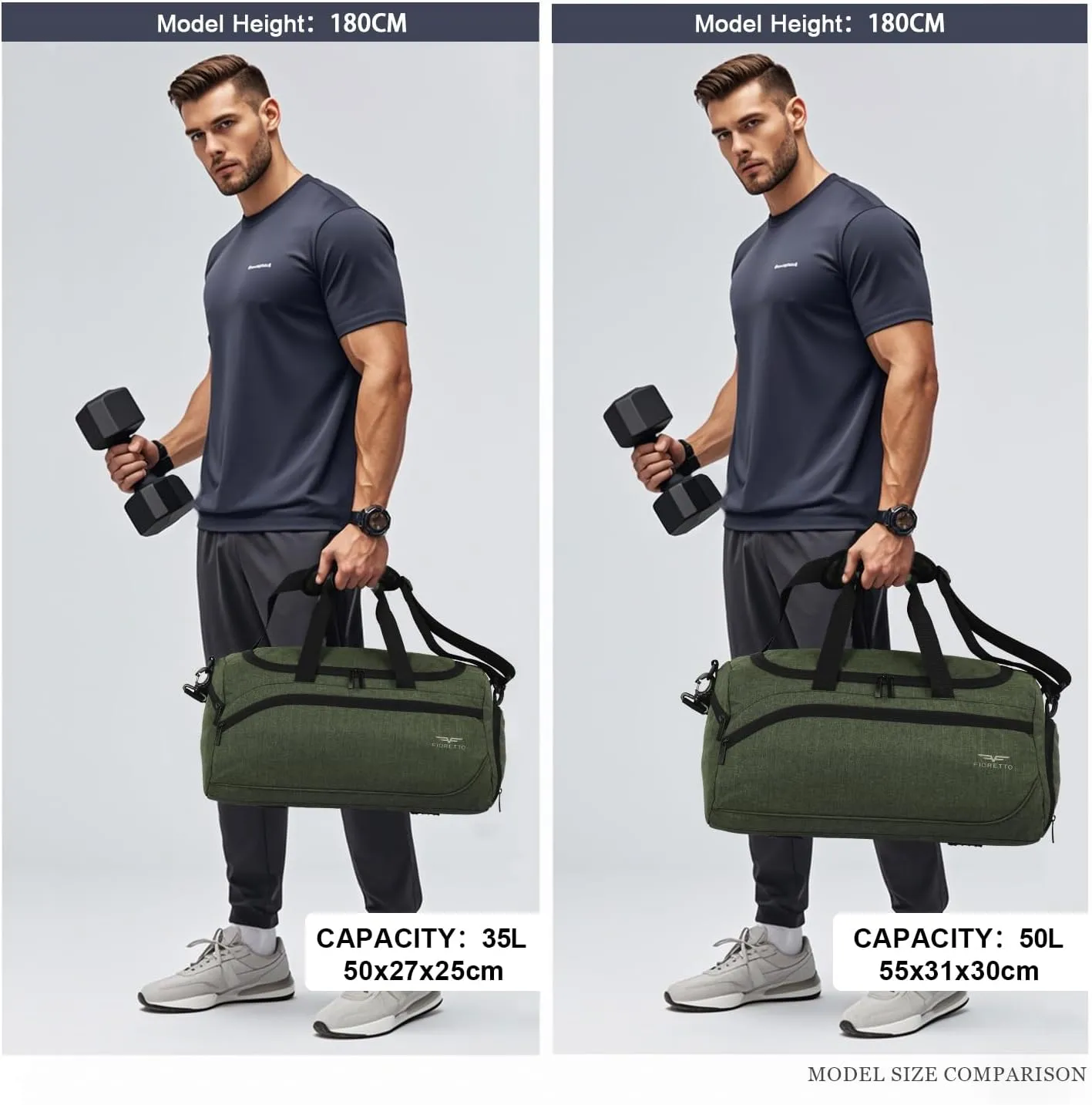 FIORETTO 35L Mens Sports Gym Duffle Bag with Wet Pocket & Shoe Compartment, Overnight Weekender Bag with Padded Shoulder Strap, Ideal for Travel, Gym, Sports, Swimming, Green
