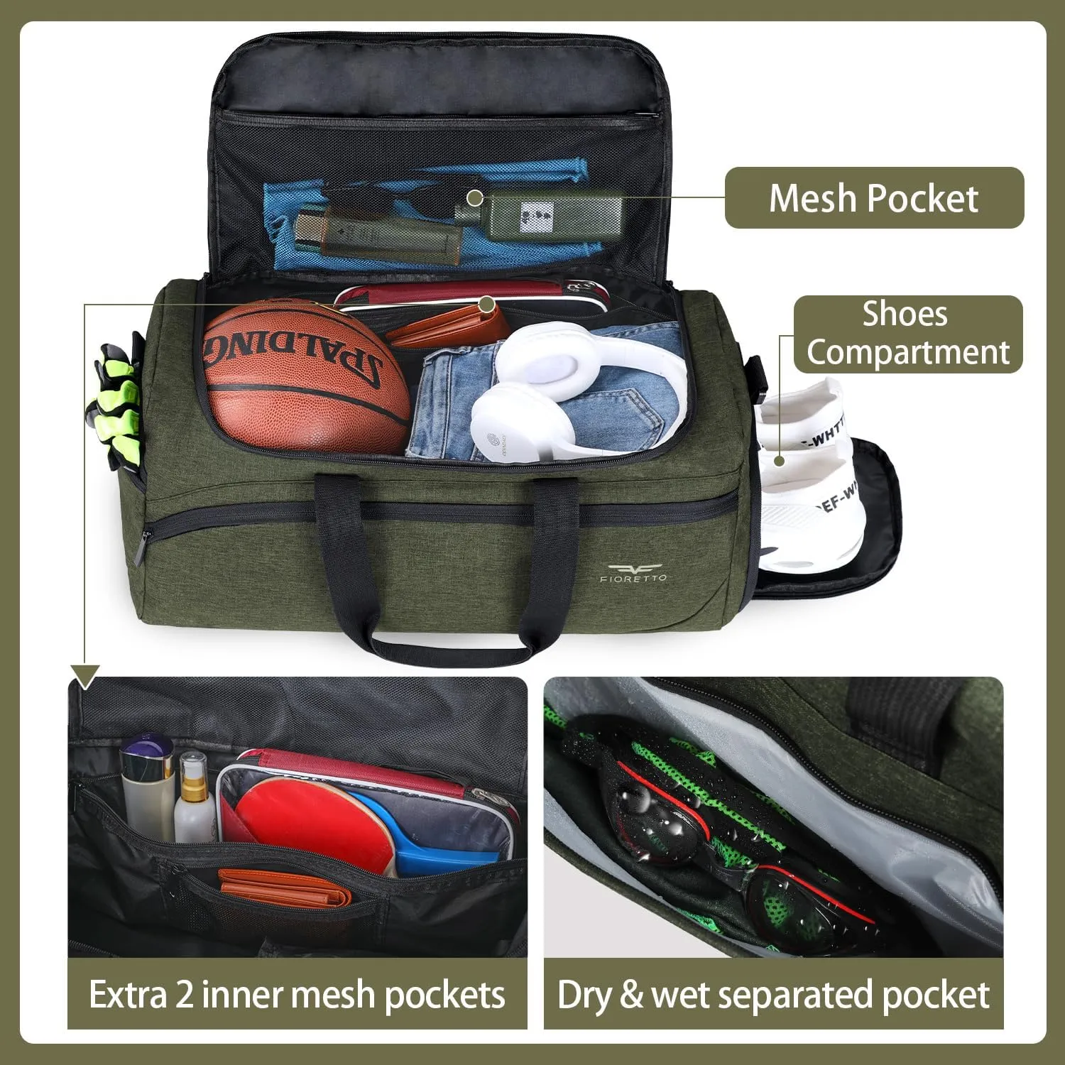 FIORETTO 35L Mens Sports Gym Duffle Bag with Wet Pocket & Shoe Compartment, Overnight Weekender Bag with Padded Shoulder Strap, Ideal for Travel, Gym, Sports, Swimming, Green
