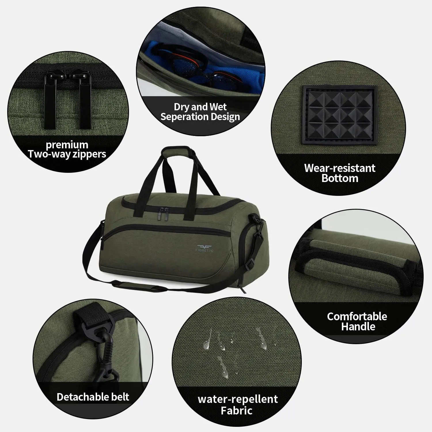 FIORETTO 35L Mens Sports Gym Duffle Bag with Wet Pocket & Shoe Compartment, Overnight Weekender Bag with Padded Shoulder Strap, Ideal for Travel, Gym, Sports, Swimming, Green