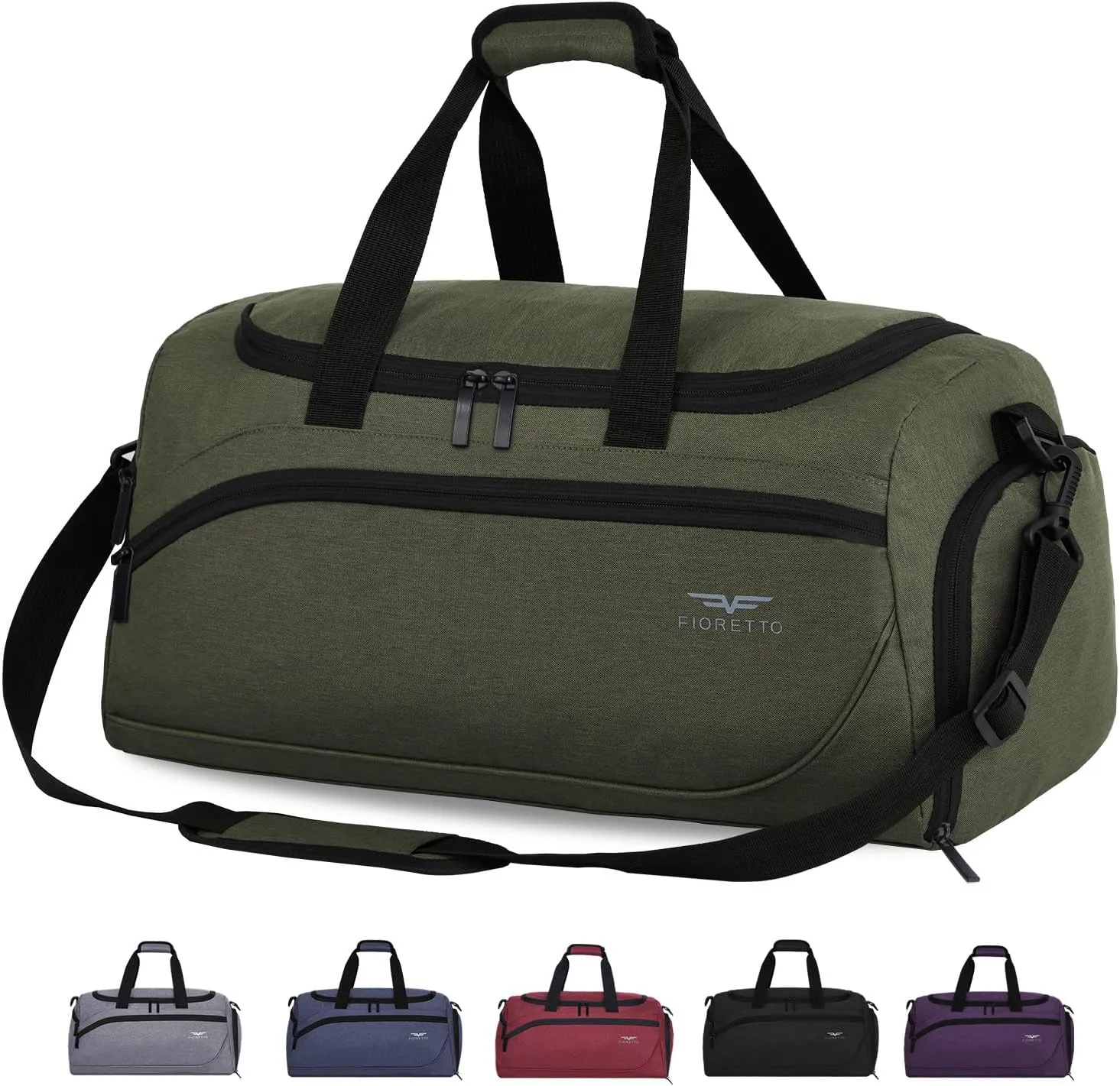FIORETTO 35L Mens Sports Gym Duffle Bag with Wet Pocket & Shoe Compartment, Overnight Weekender Bag with Padded Shoulder Strap, Ideal for Travel, Gym, Sports, Swimming, Green