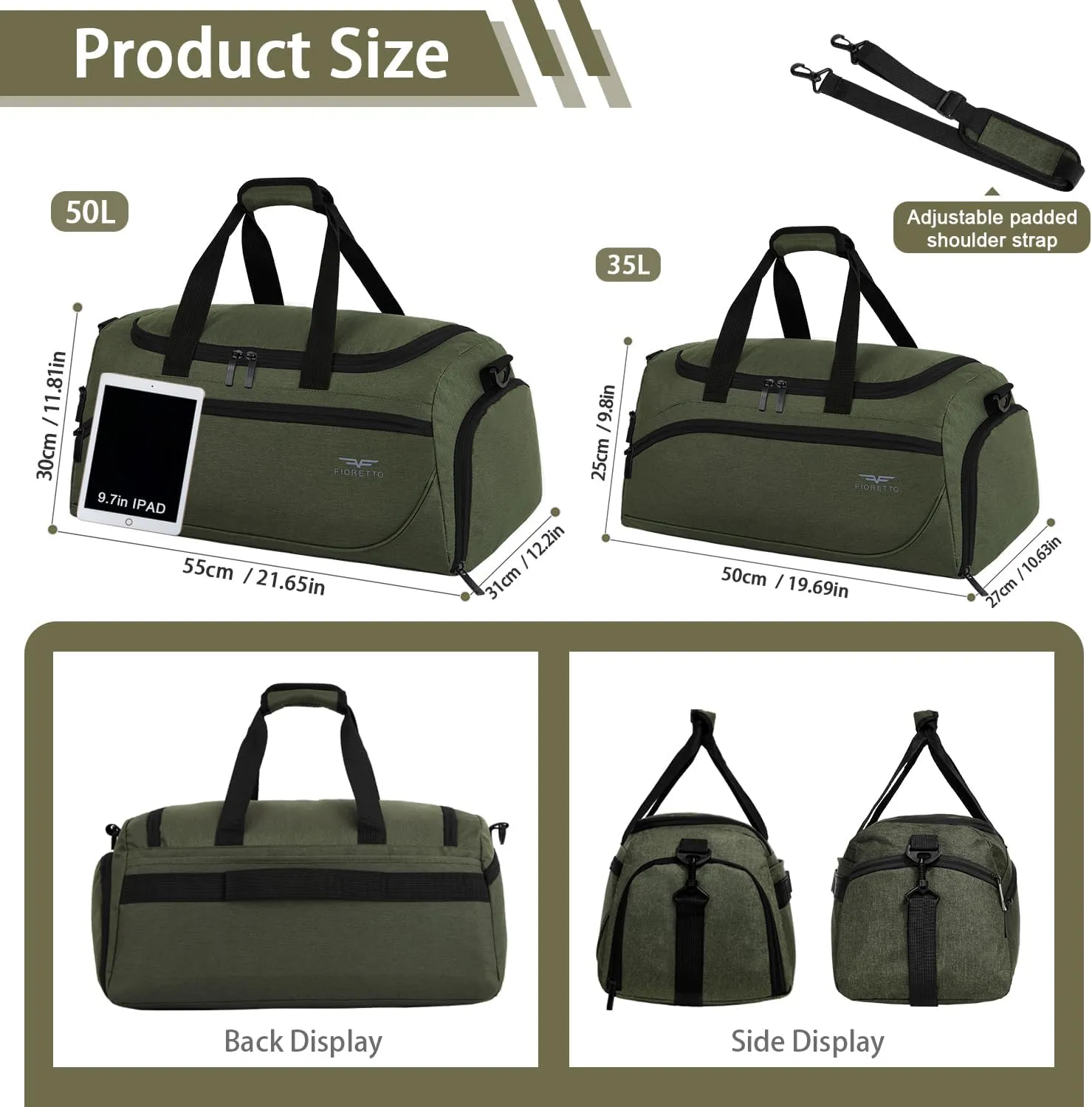 FIORETTO 35L Mens Sports Gym Duffle Bag with Wet Pocket & Shoe Compartment, Overnight Weekender Bag with Padded Shoulder Strap, Ideal for Travel, Gym, Sports, Swimming, Green